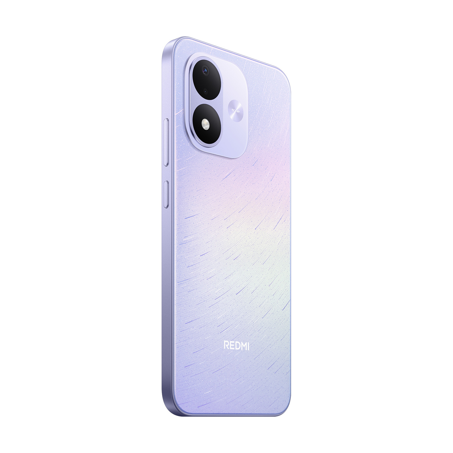 Smartphone Redmi viola con motivo a righe e due obiettivi fotografici sul retro.