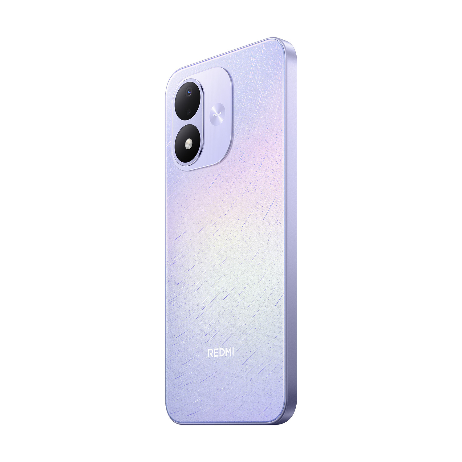 Retro di uno smartphone viola chiaro con motivo diagonale, doppia fotocamera e logo Redmi.