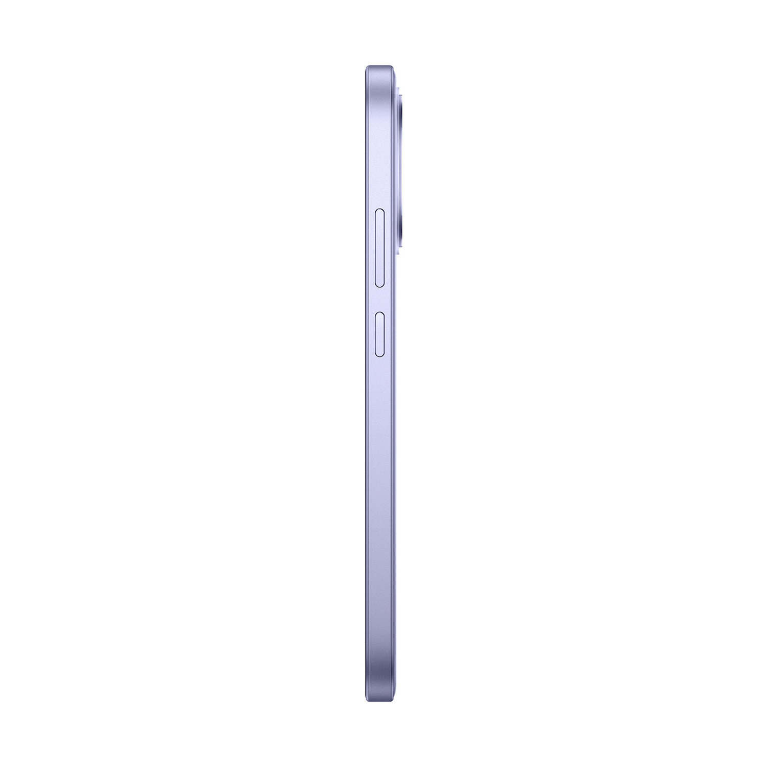 Vista laterale di uno smartphone viola sottile con pulsanti fisici su sfondo bianco.