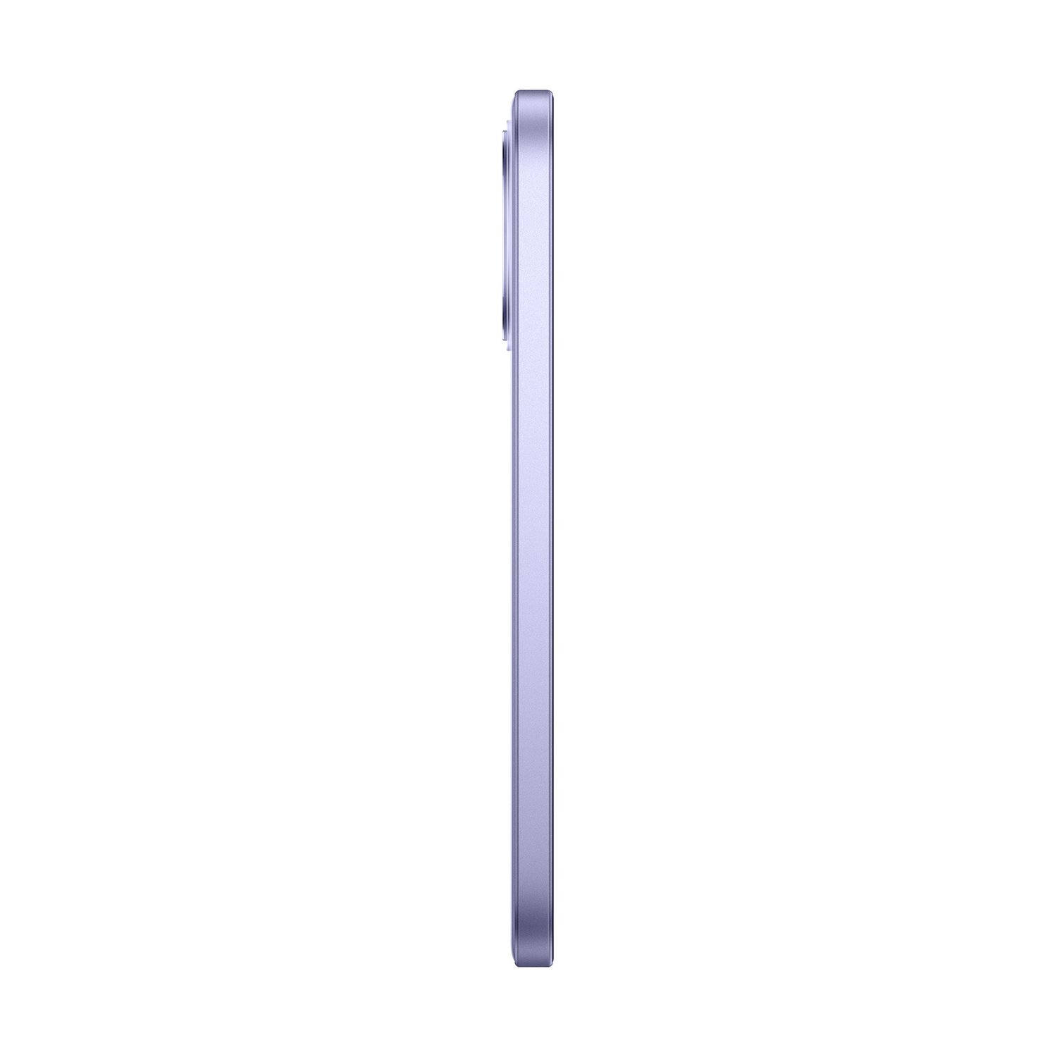 Vista laterale di uno smartphone sottile e viola su sfondo bianco.