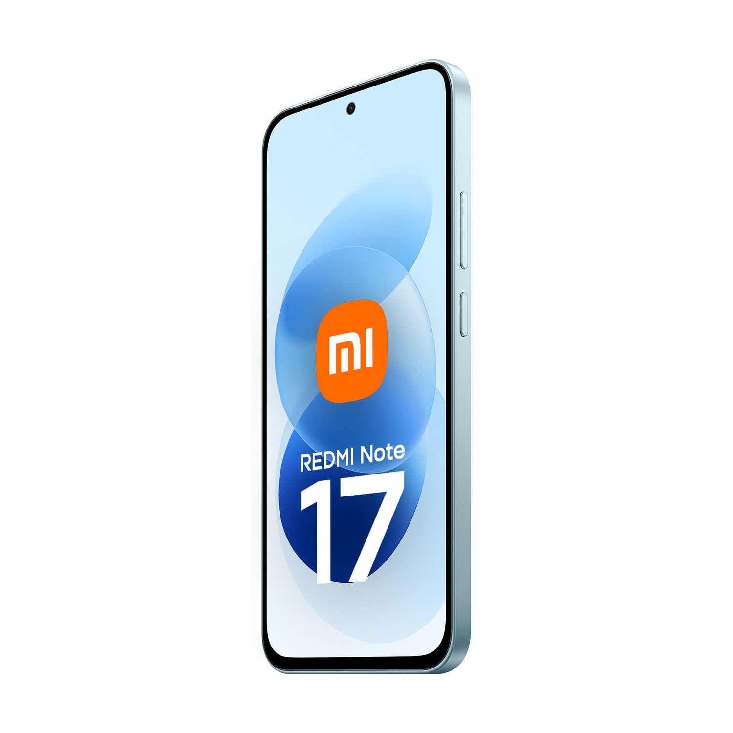 Uno smartphone blu Xiaomi Redmi Note 17 è inclinato con il logo Xiaomi sullo schermo.