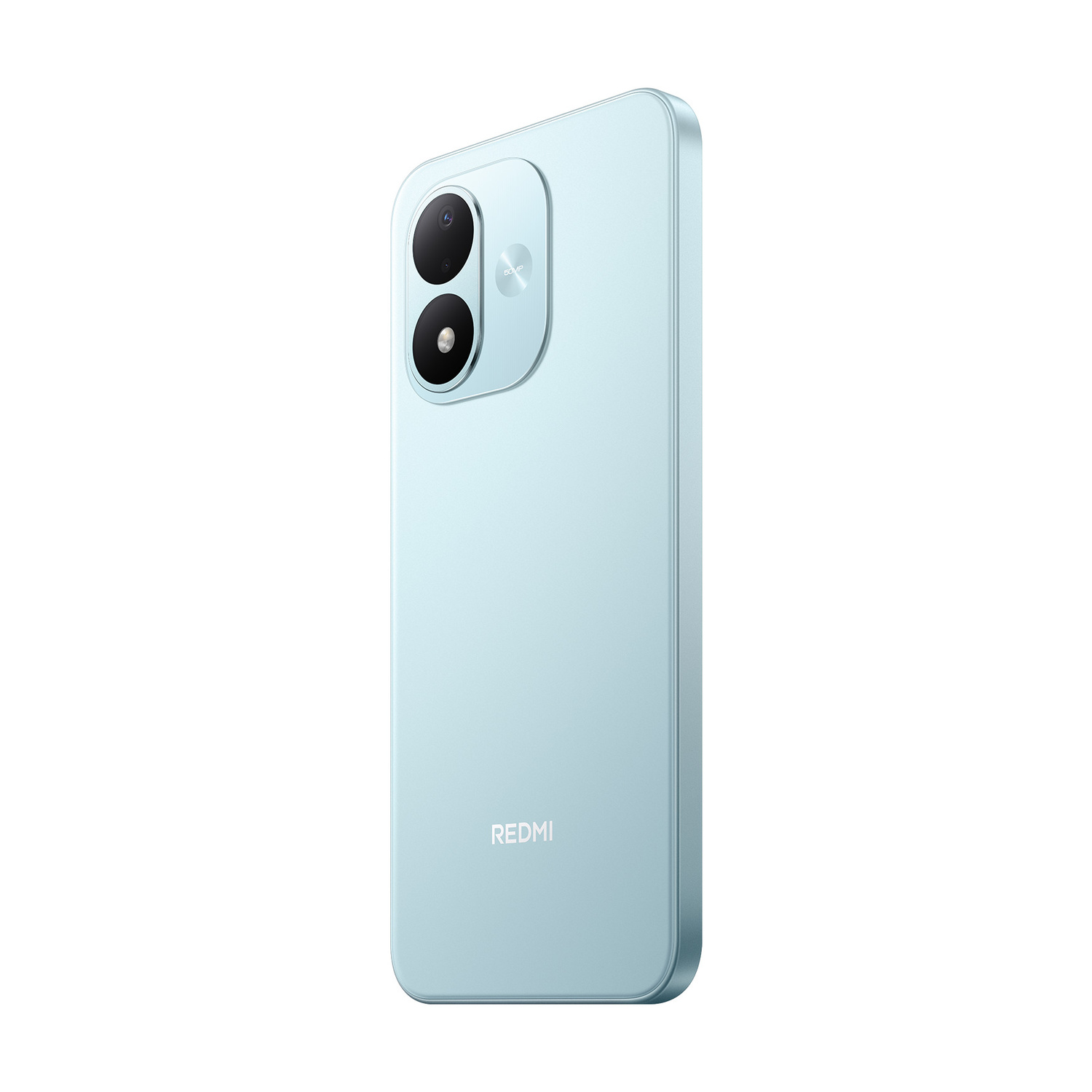 Smartphone Redmi azzurro, retro con due obiettivi fotografici e logo Redmi, su sfondo bianco.