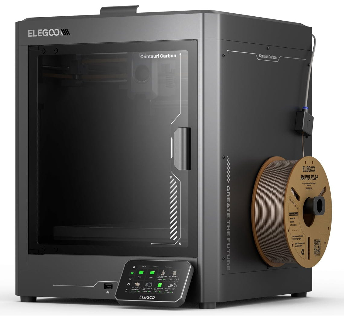 Szara drukarka 3D Elegoo Centauri Carbon z zamkniętą komorą, ekranem dotykowym i boczną szpulą filamentu.