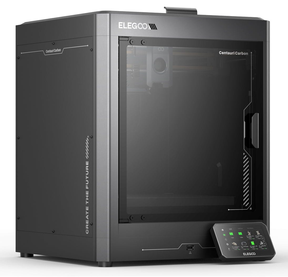 Nowoczesna szara drukarka 3D Elegoo Centauri Carbon z zamkniętą komorą i ekranem dotykowym.