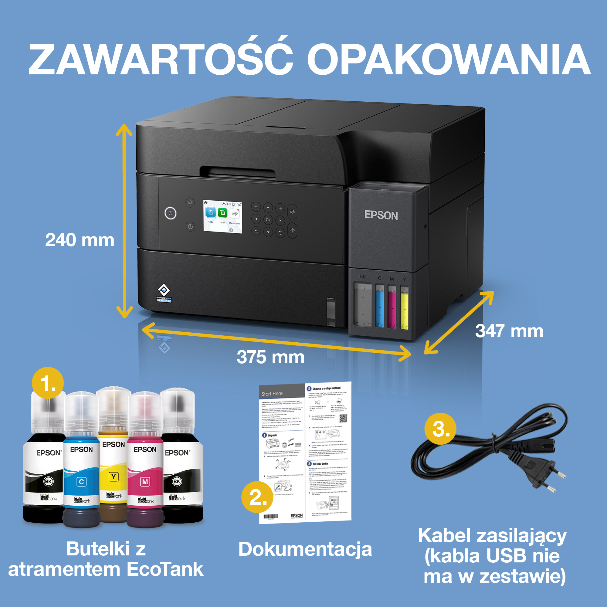 Zawartość opakowania drukarki Epson z wymiarami, butelkami z tuszem, instrukcją i kablem zasilającym na niebieskim tle.