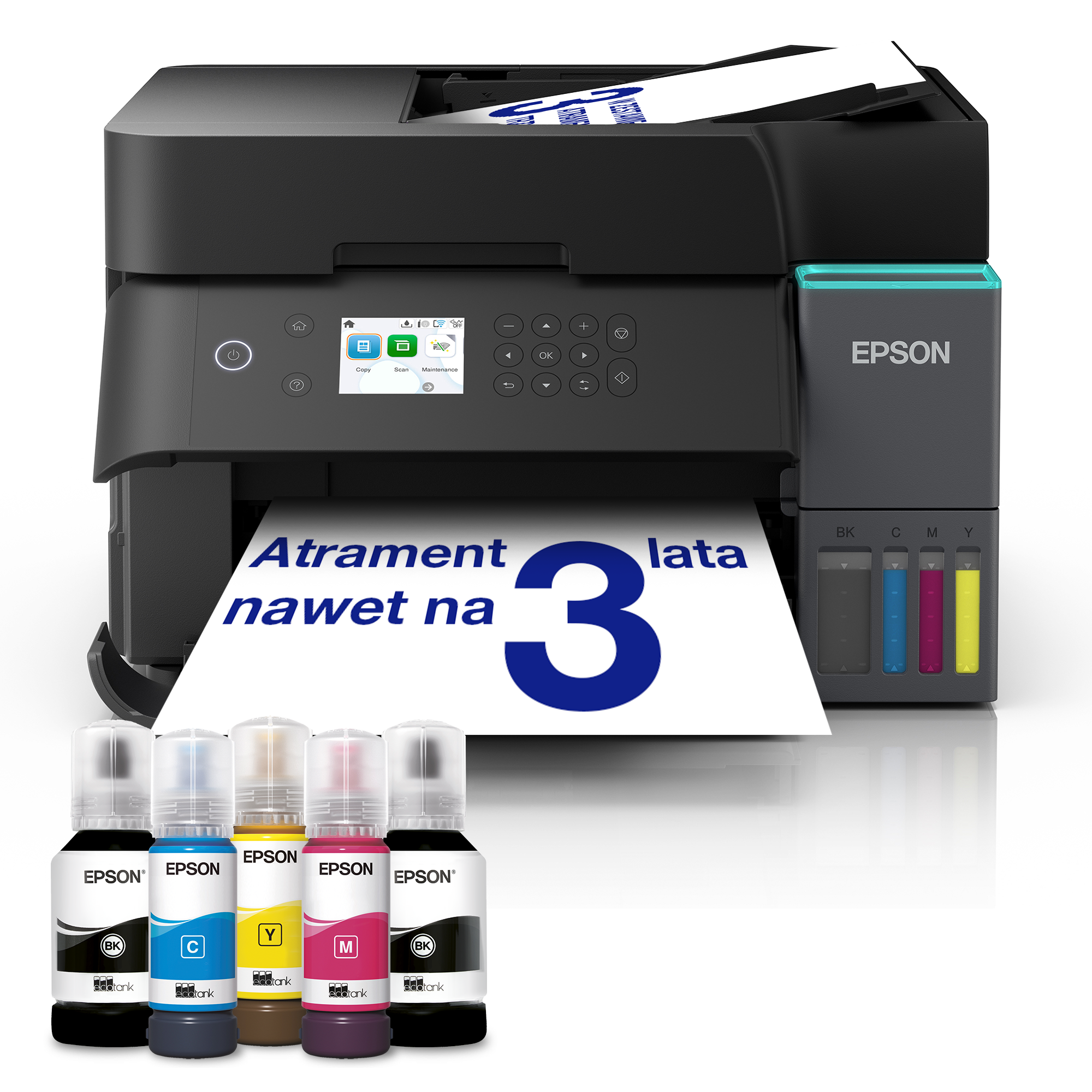 Drukarka Epson Ecotank z pięcioma butelkami z tuszem z przodu, w tym czarnym, cyjan, żółtym i purpurowym.