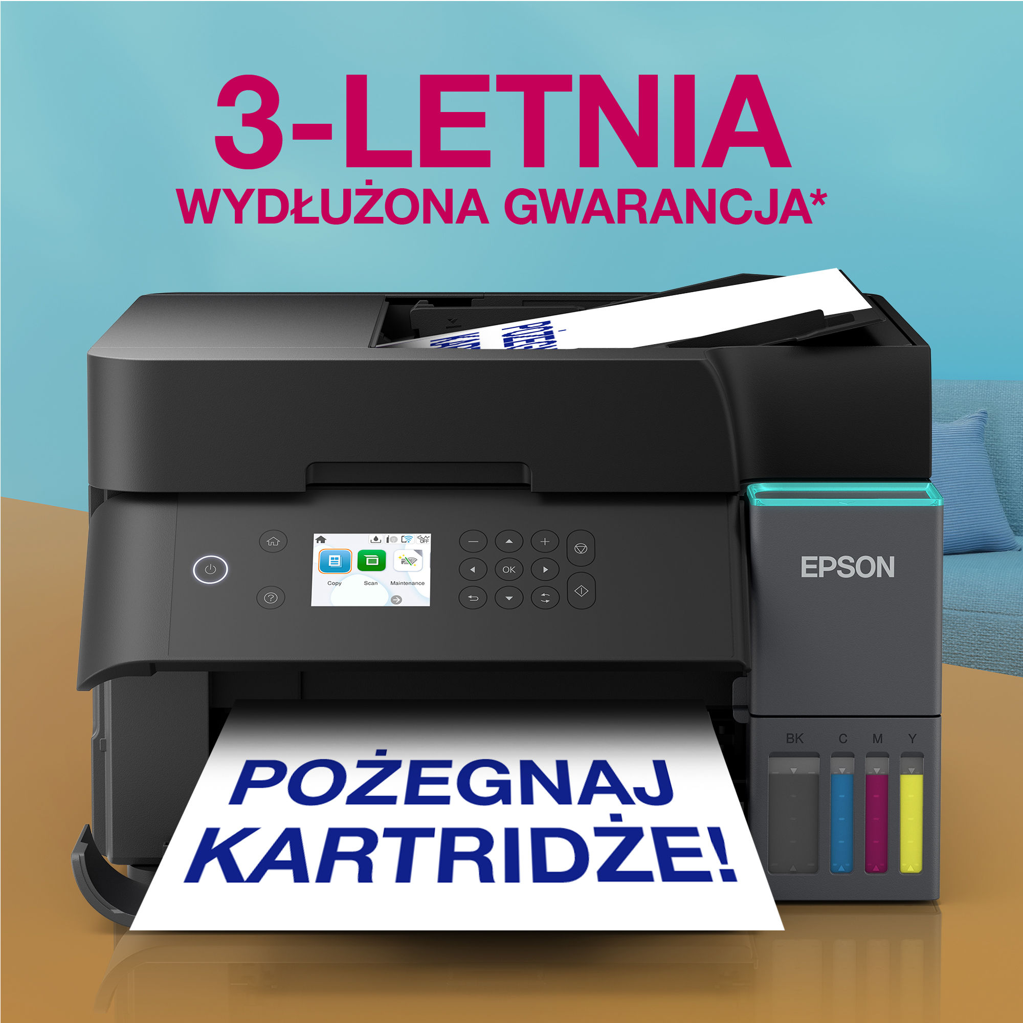 Czarna drukarka Epson na drewnianym stole z polskim tekstem na górze.
