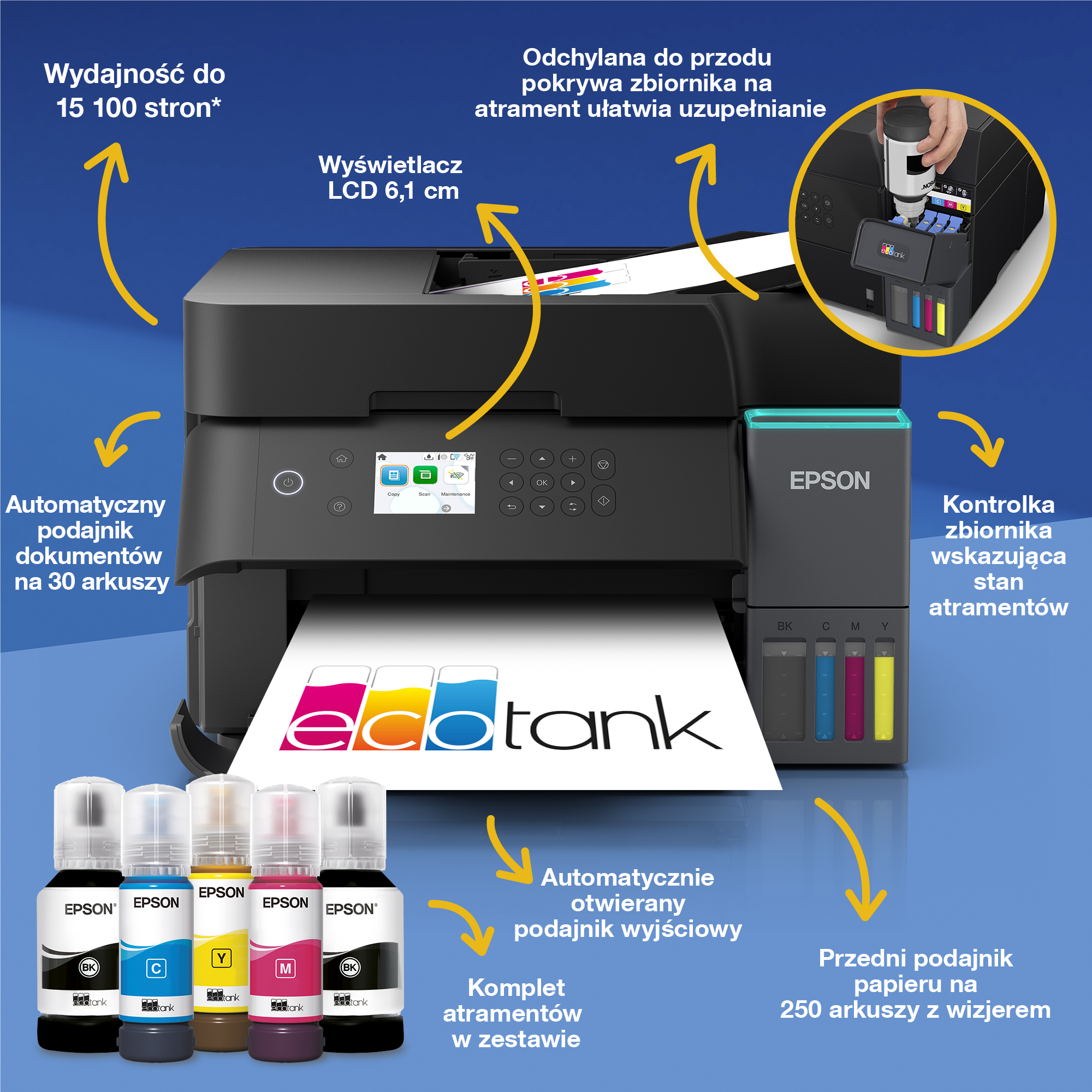 Drukarka Epson EcoTank z pięcioma butelkami z tuszem i opisami funkcji na niebieskim tle.