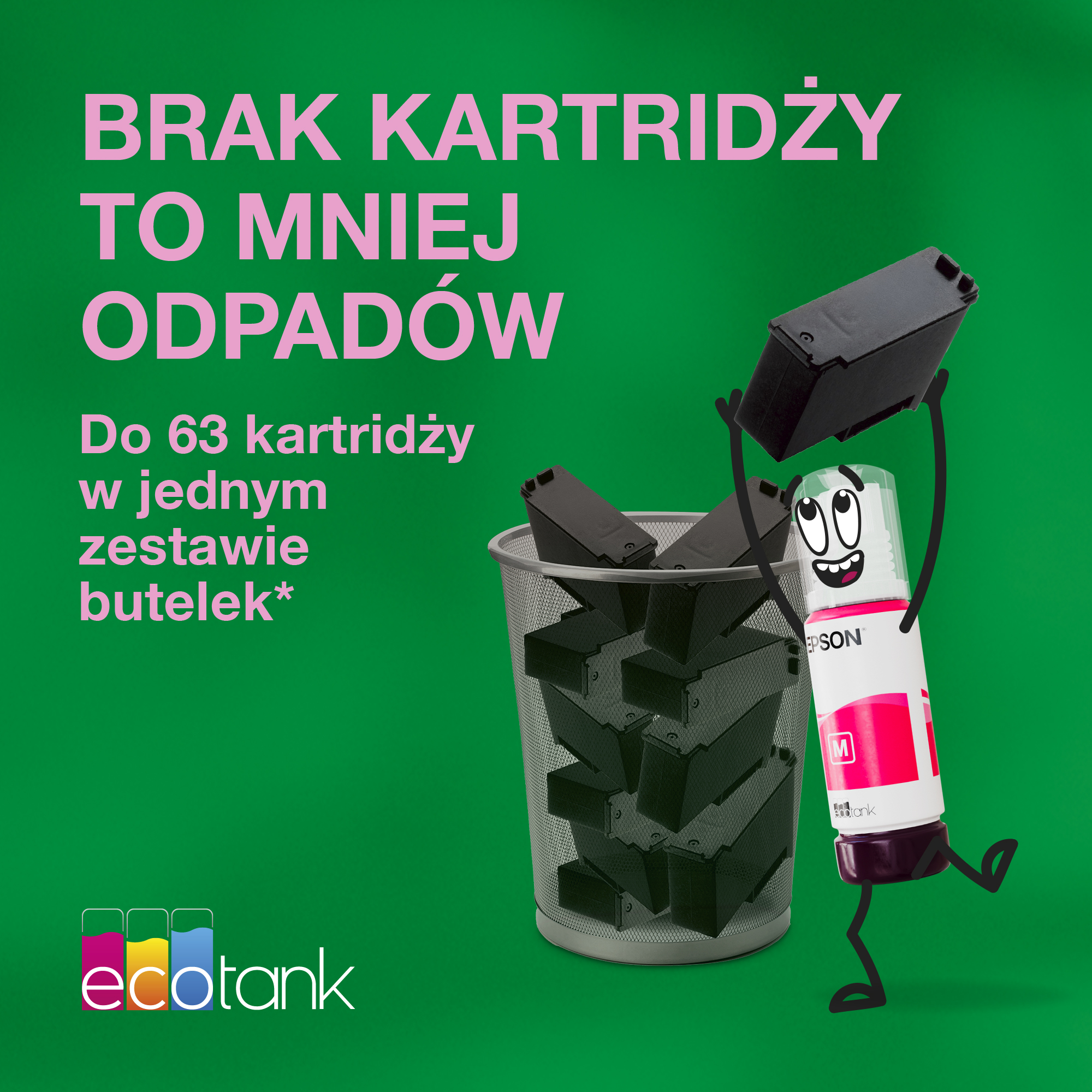 Buttla Ecotank w stylu kreskówki wrzuca czarne wkłady atramentowe do kosza na zielonym tle.