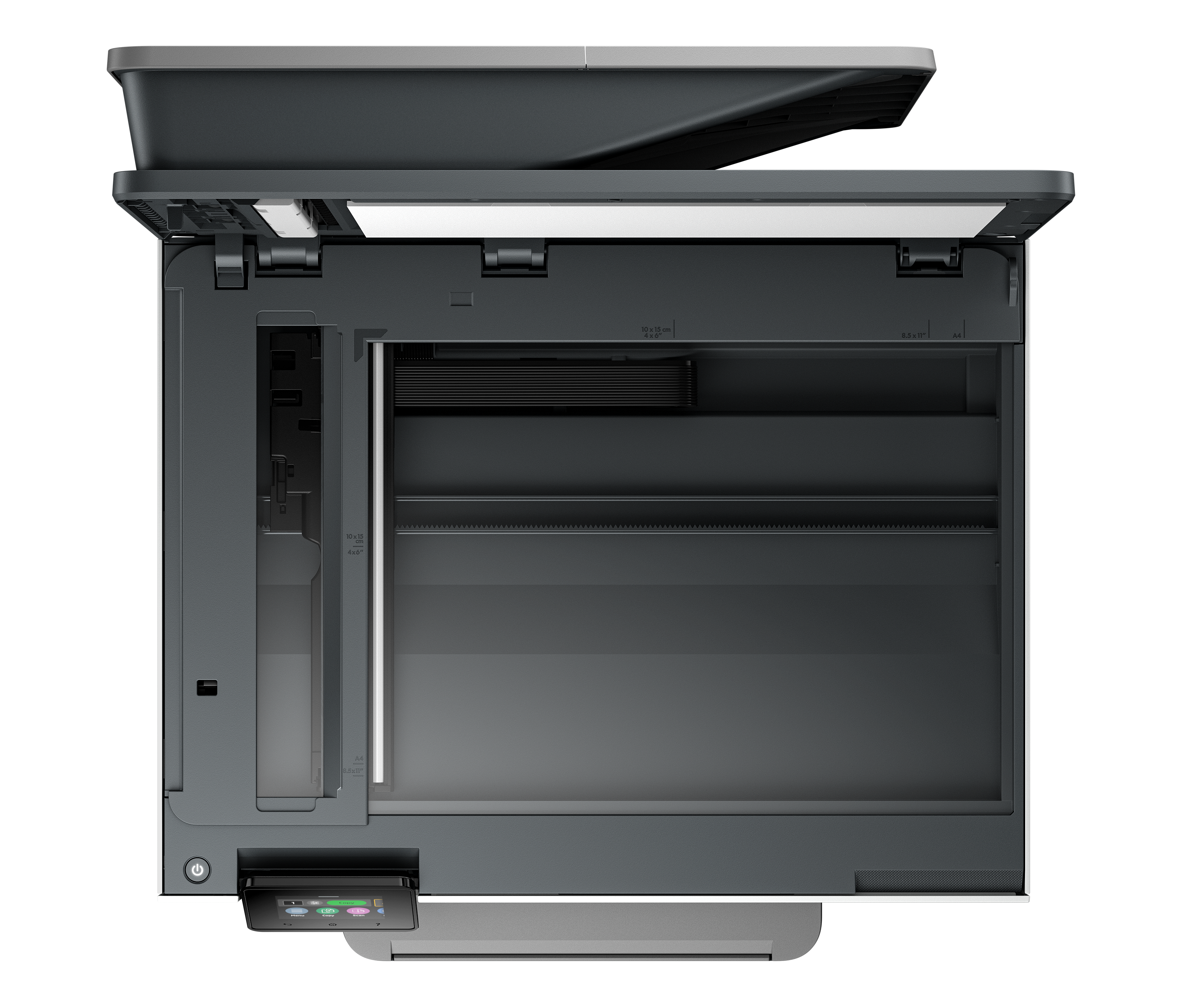 Top-down-Ansicht eines schwarzen Dokumentenscanners mit geöffnetem Deckel, der das innere Glasbett und den Rand zeigt.