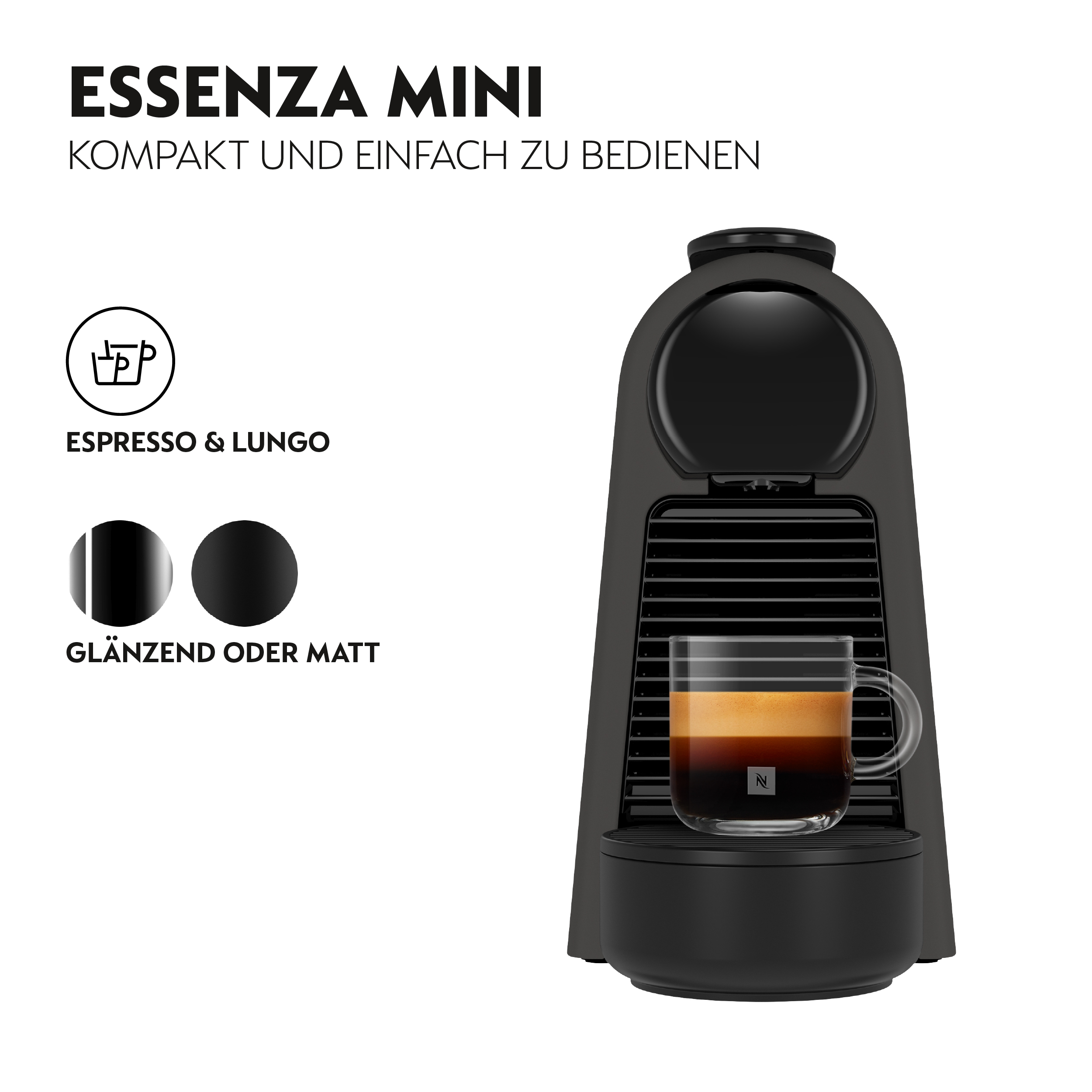 Eine schwarze Essenza Mini Kaffeemaschine mit einer Tasse Espresso, Text und Symbolen auf weißem Hintergrund.