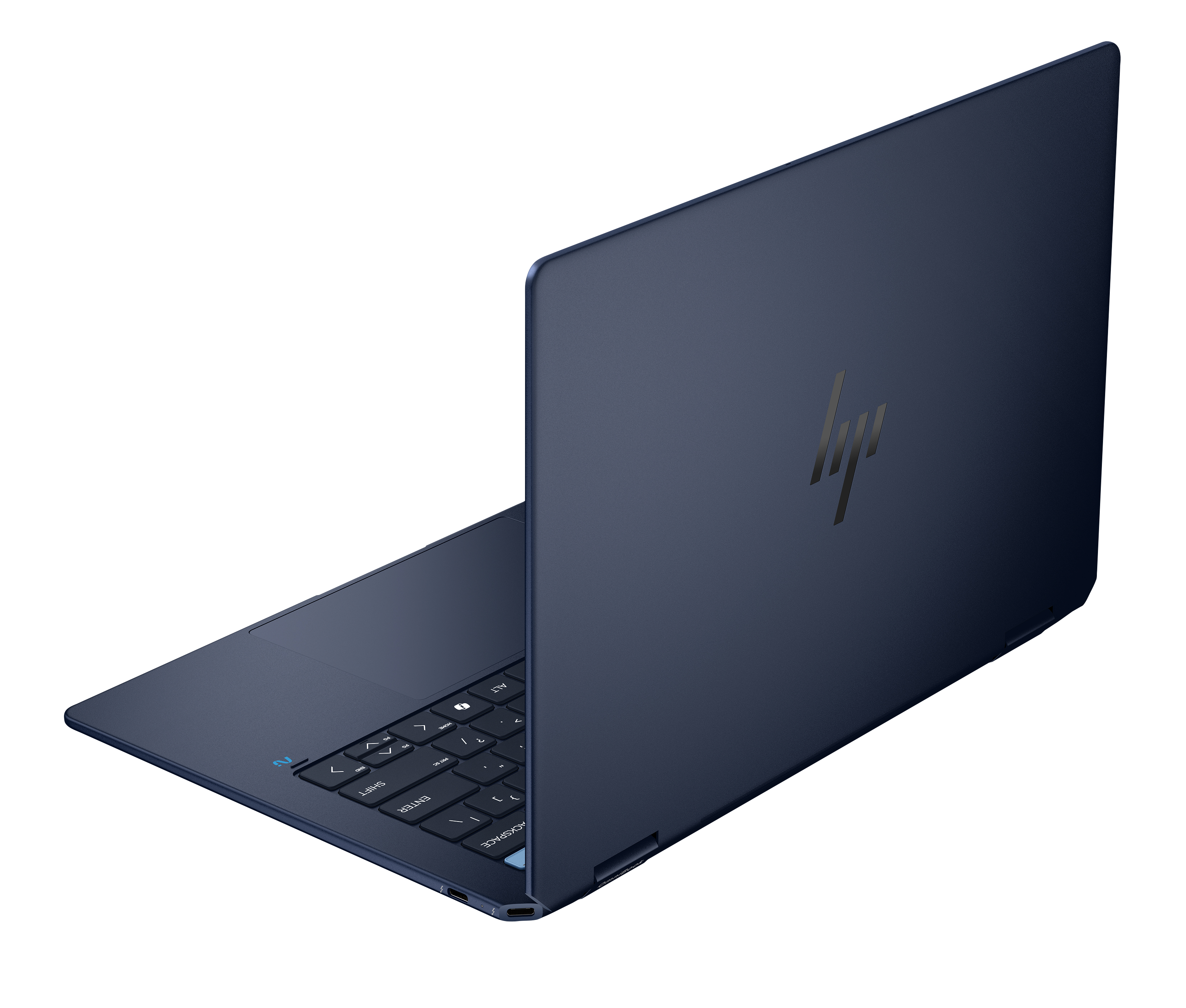 Zamknięty niebieski laptop z logo HP na pokrywie na czarnym tle.