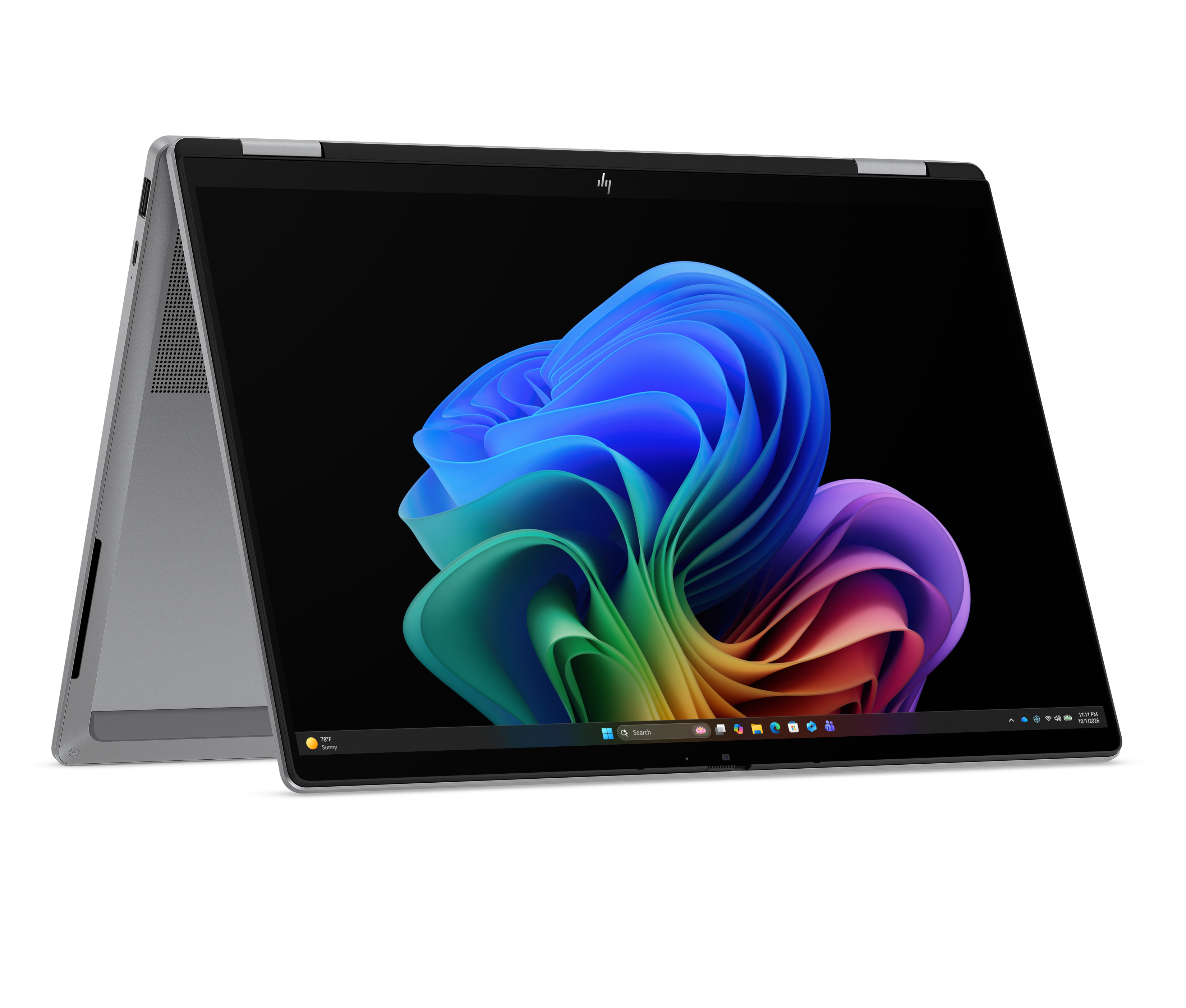 Ein silbernes Convertible-Laptop im Zelt-Modus mit einem bunten, abstrakten Wellen-Hintergrundbild.