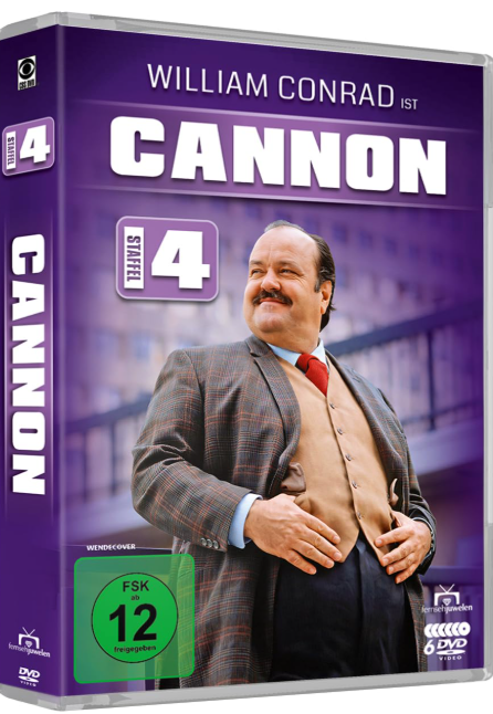 DVD-Hülle von Cannon Staffel 4 mit William Conrad in einer braunen Jacke vor einem unscharfen Hintergrund.