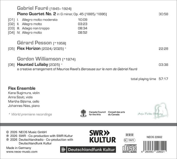 Rückseite einer Musik-CD mit Trackliste von Gabriel Fauré, Gérard Pesson und Gordon Williamson, aufgeführt vom Flex Ensemble.