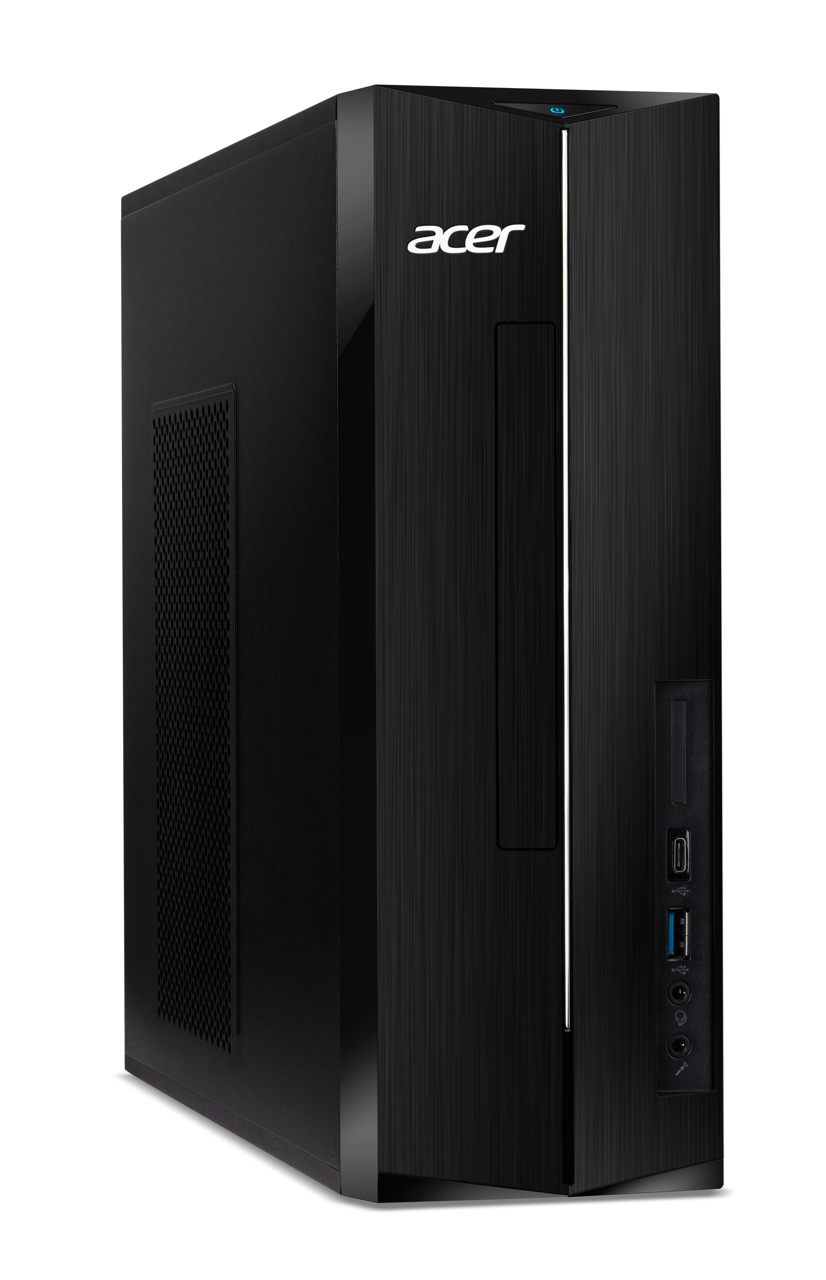Ein schwarzer Acer-Desktop-Computer mit vertikaler Bürstung, CD-Laufwerk und Frontanschlüssen auf weißem Hintergrund.