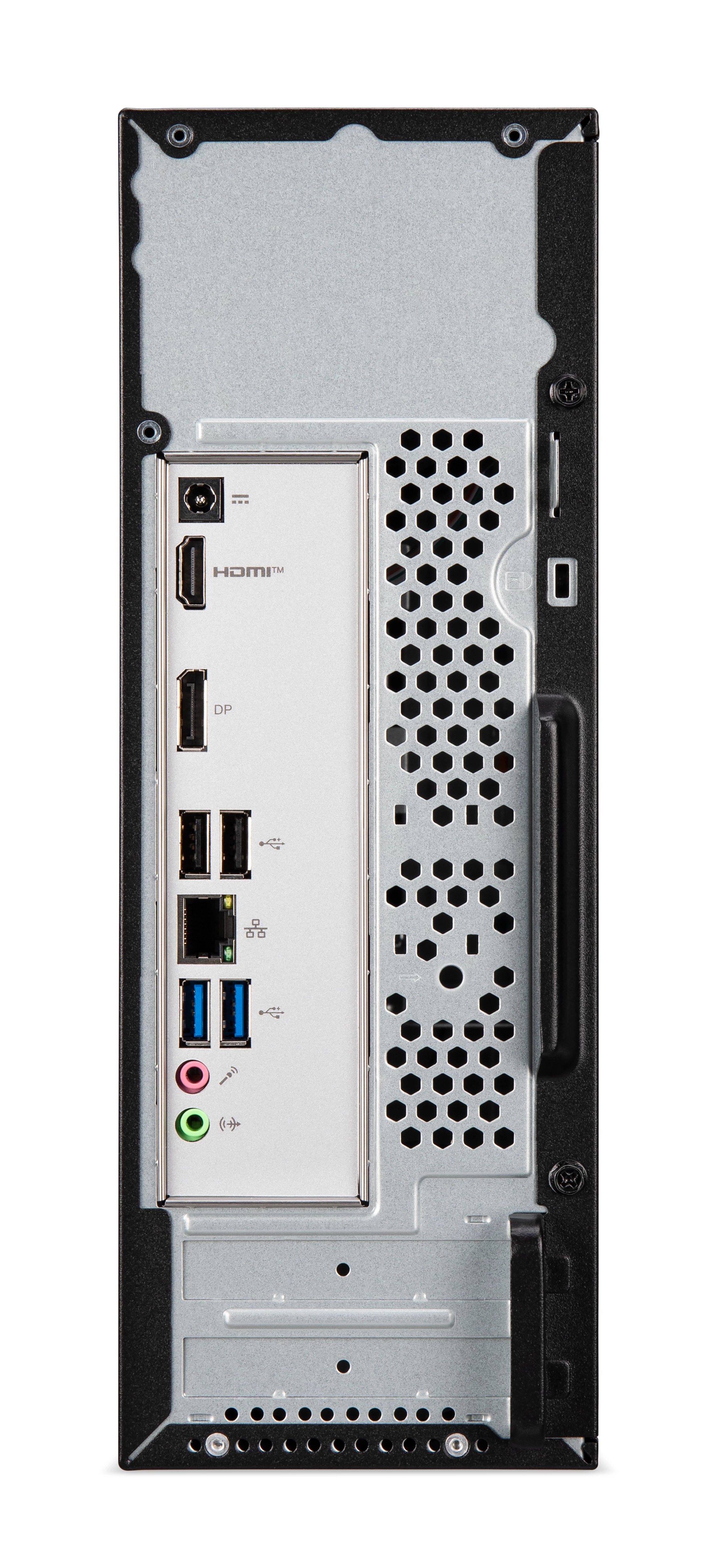Rückseite eines Desktop-PCs mit I/O-Anschlüssen, HDMI, DisplayPort, USB, LAN und Audio-Buchsen neben Belüftungsgittern.