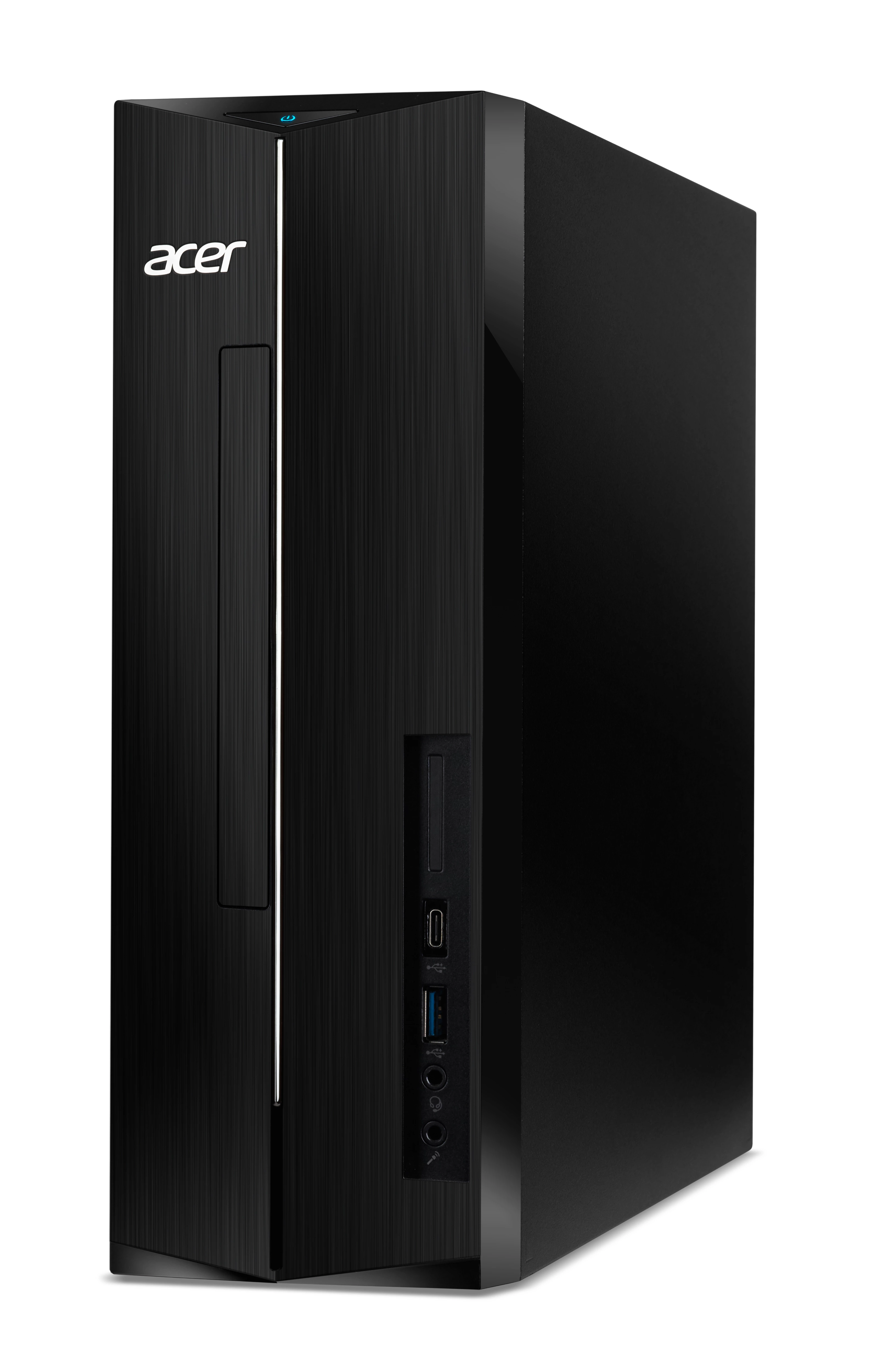 Schwarzer Acer Desktop-Computer Tower mit vertikaler blauer Akzentbeleuchtung auf weißem Hintergrund.