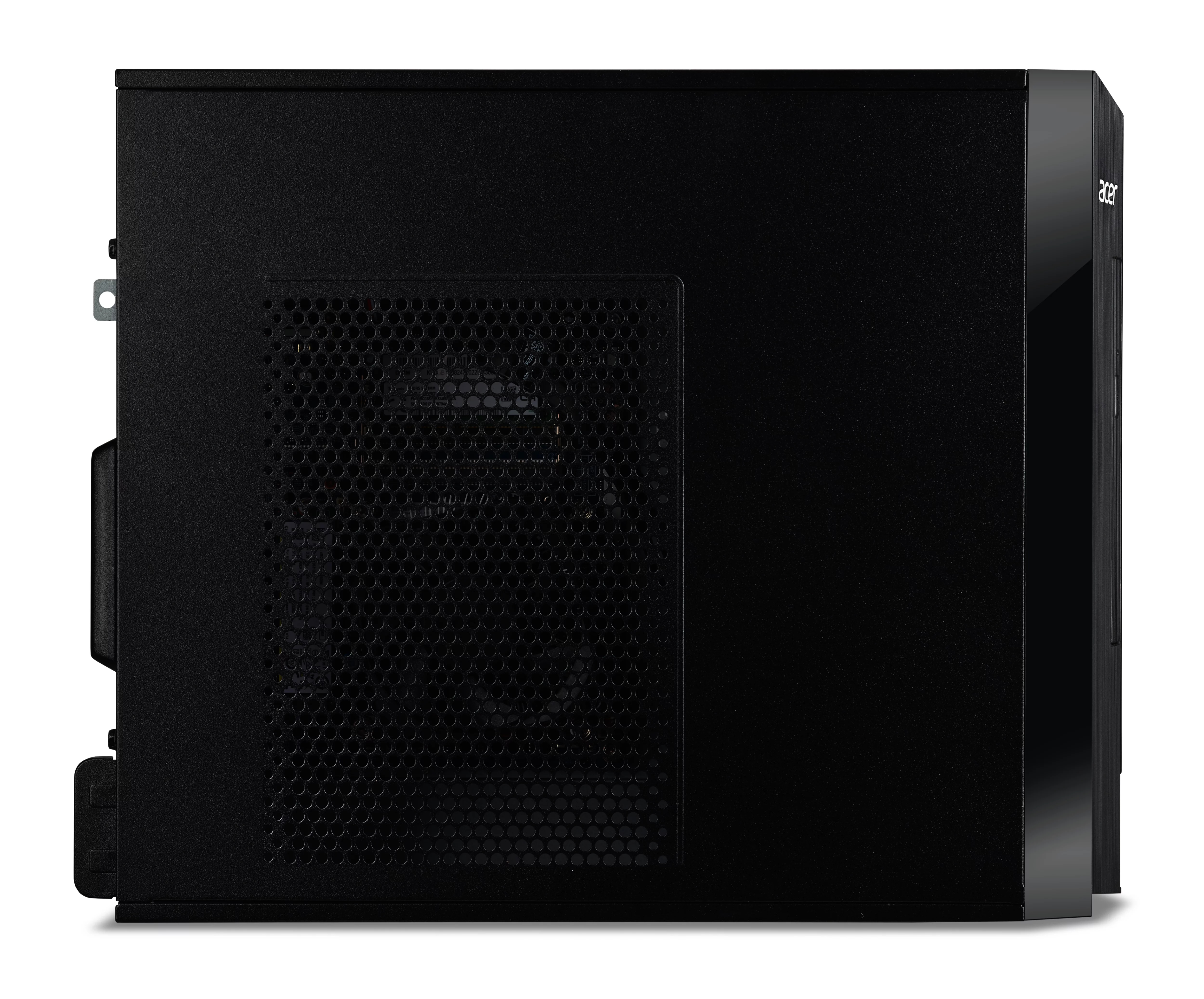 Schwarzes Acer PC-Gehäuse in Seitenansicht mit Lüftungsgitter auf weißem Hintergrund.