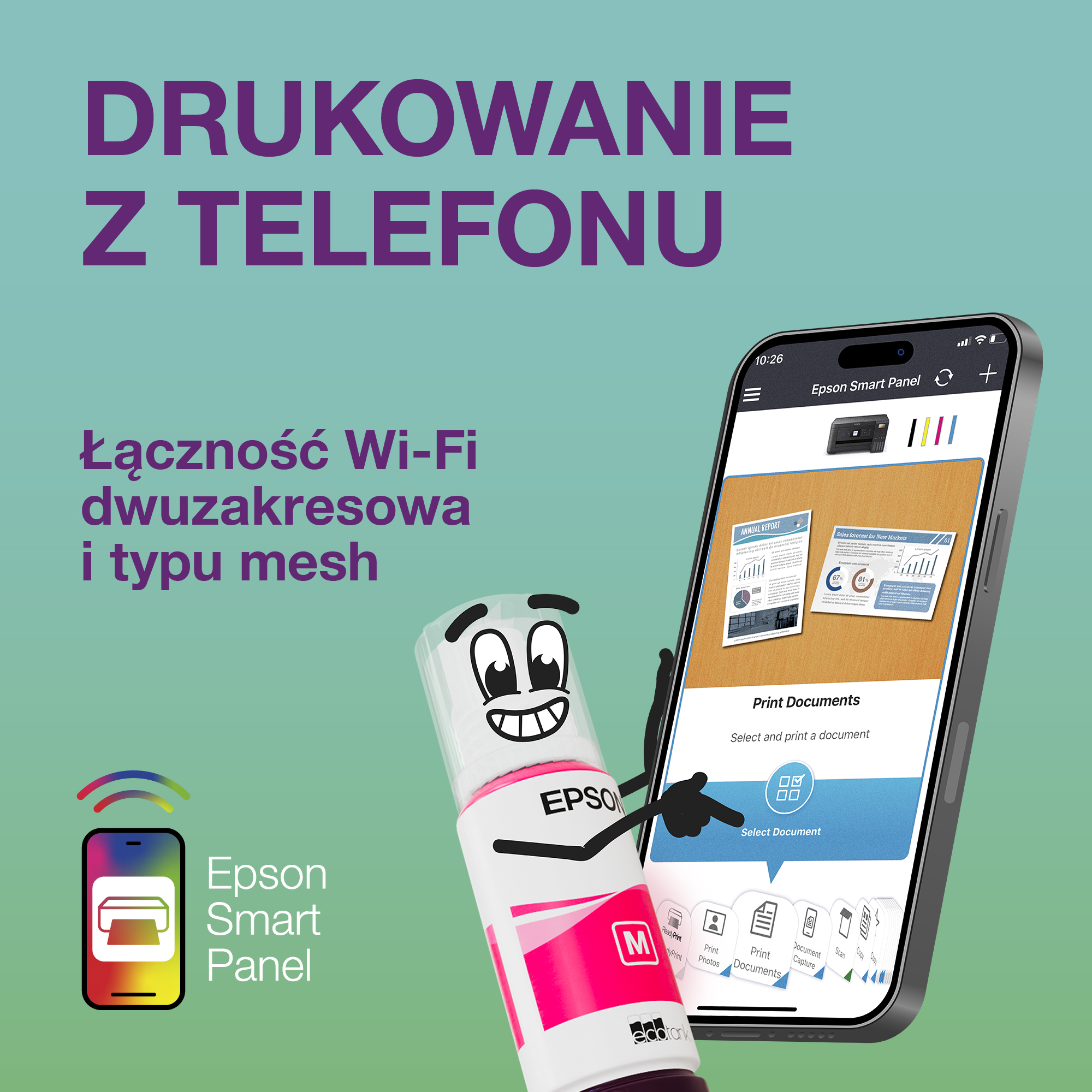 Smartfon z aplikacją Epson Smart Panel i butelka z tuszem magenta w stylu kreskówkowym na turkusowym tle.