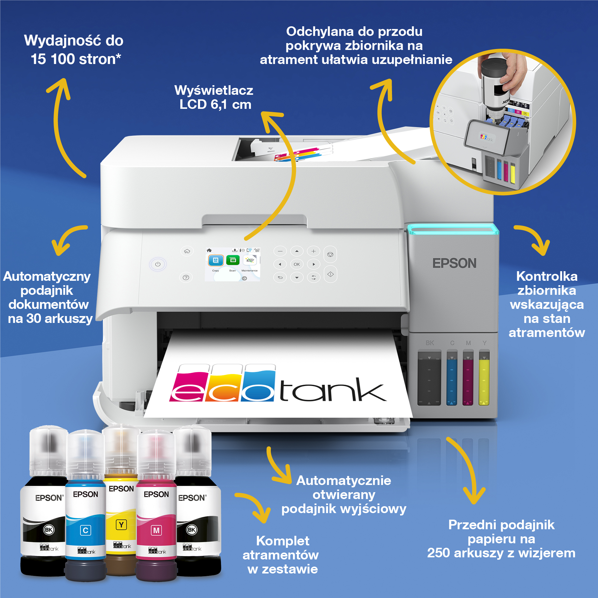 Drukarka Epson EcoTank z butelkami z atramentem i polskimi opisami wskazującymi cechy produktu.