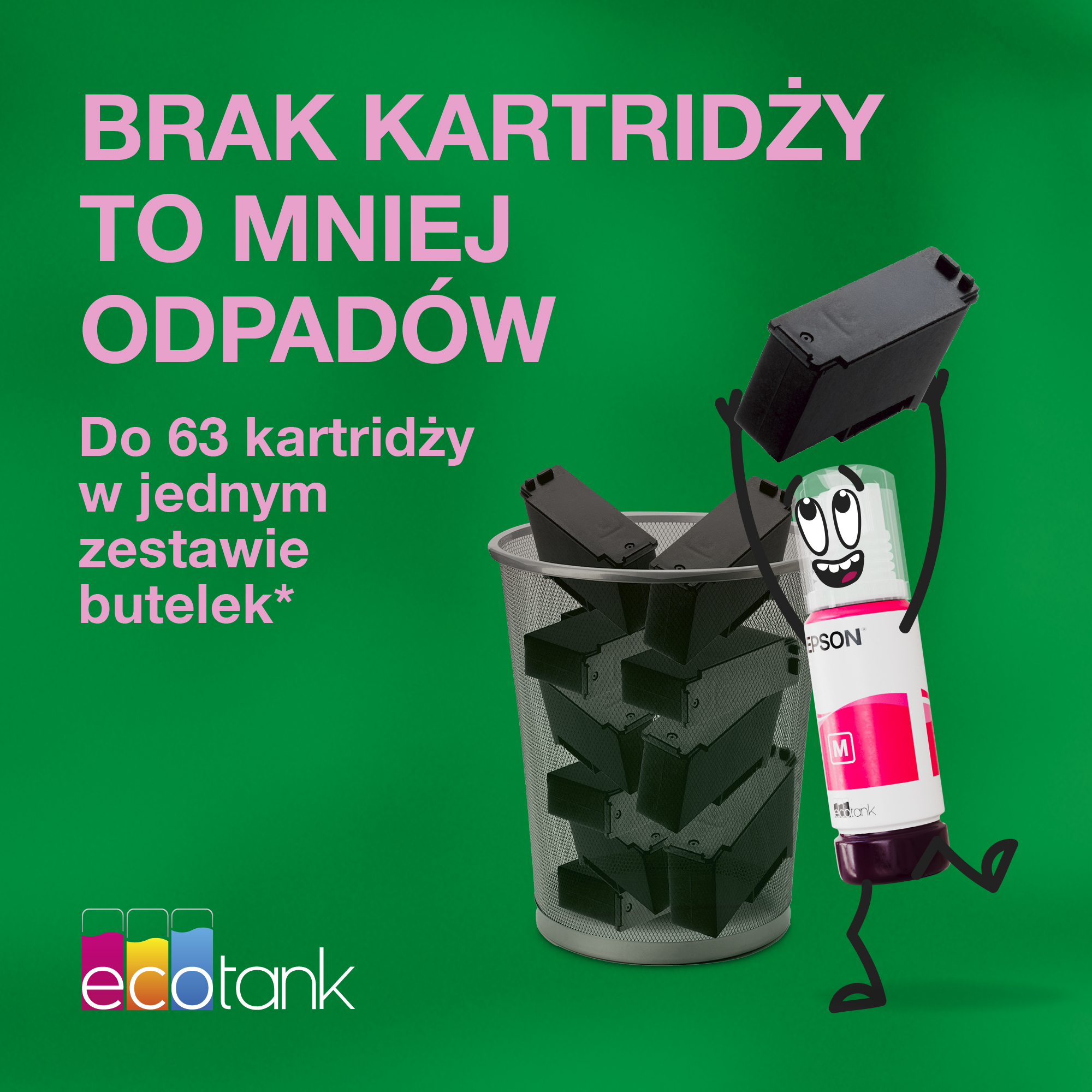 Buttlerka z tuszem w stylu kreskówki wrzuca wkłady z tuszem do kosza na śmieci, na zielonym tle.