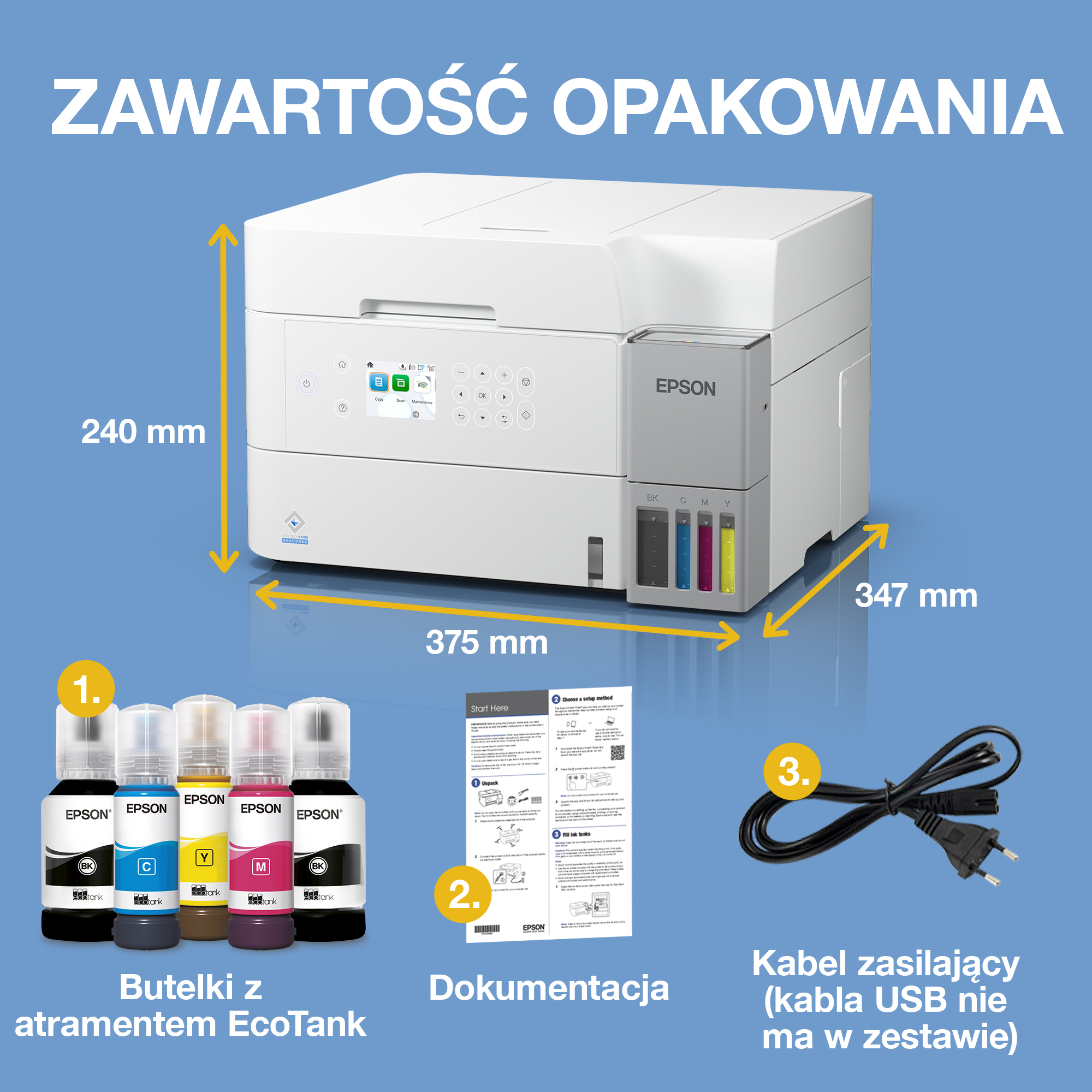 Zawartosc opakowania drukarki Epson z wymiarami, pietnastoma butelkami atramentu, instrukcja i kablem.