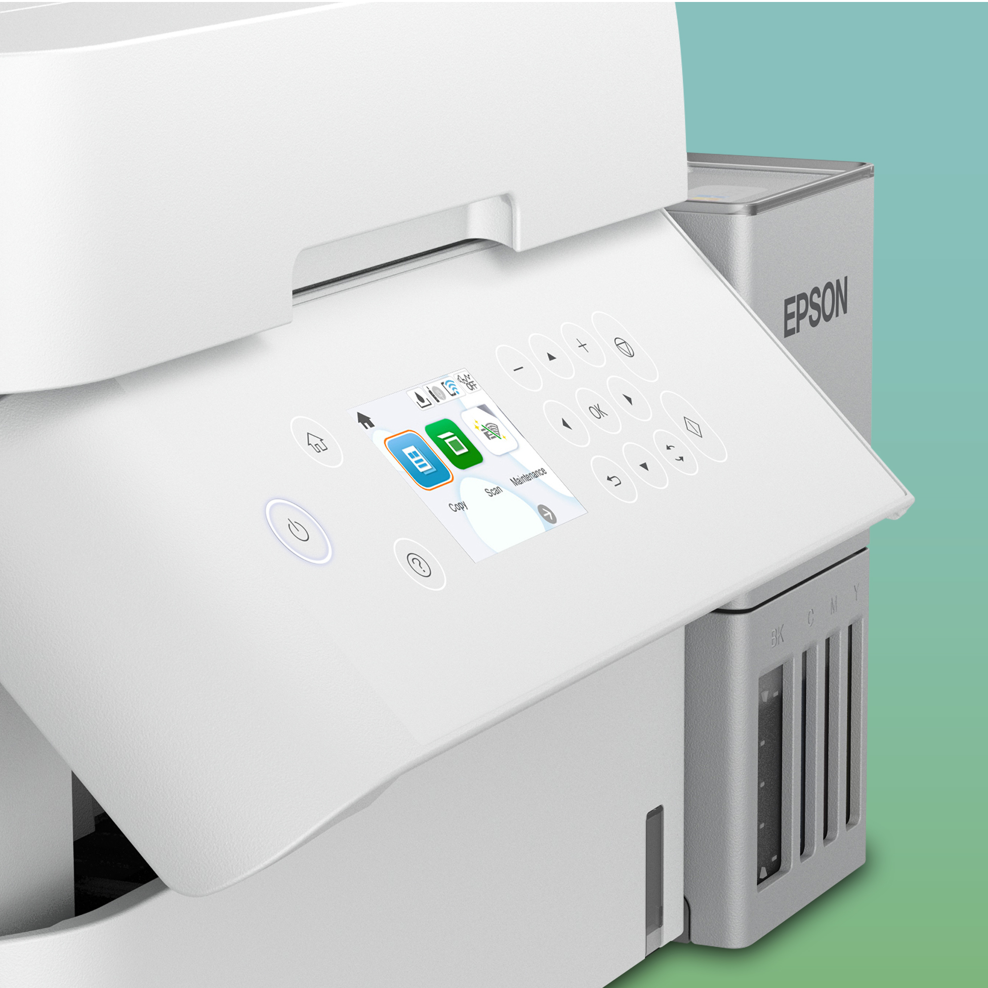 Zbliżenie na biały panel sterowania drukarki Epson z kolorowym ekranem dotykowym i zbiornikami z atramentem.