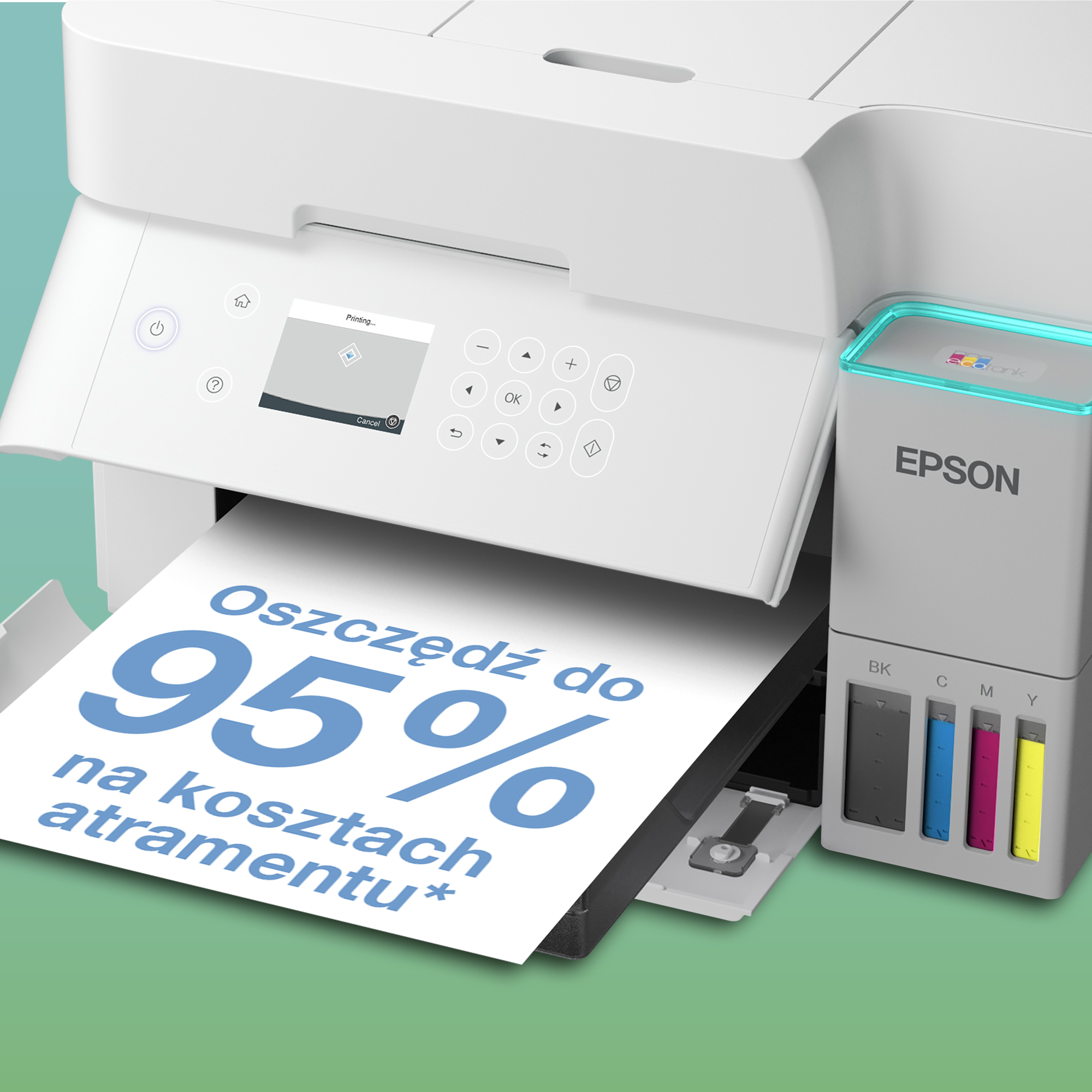 Drukarka Epson EcoTank z dużym zbiornikiem na tusz i wydrukowaną kartką.