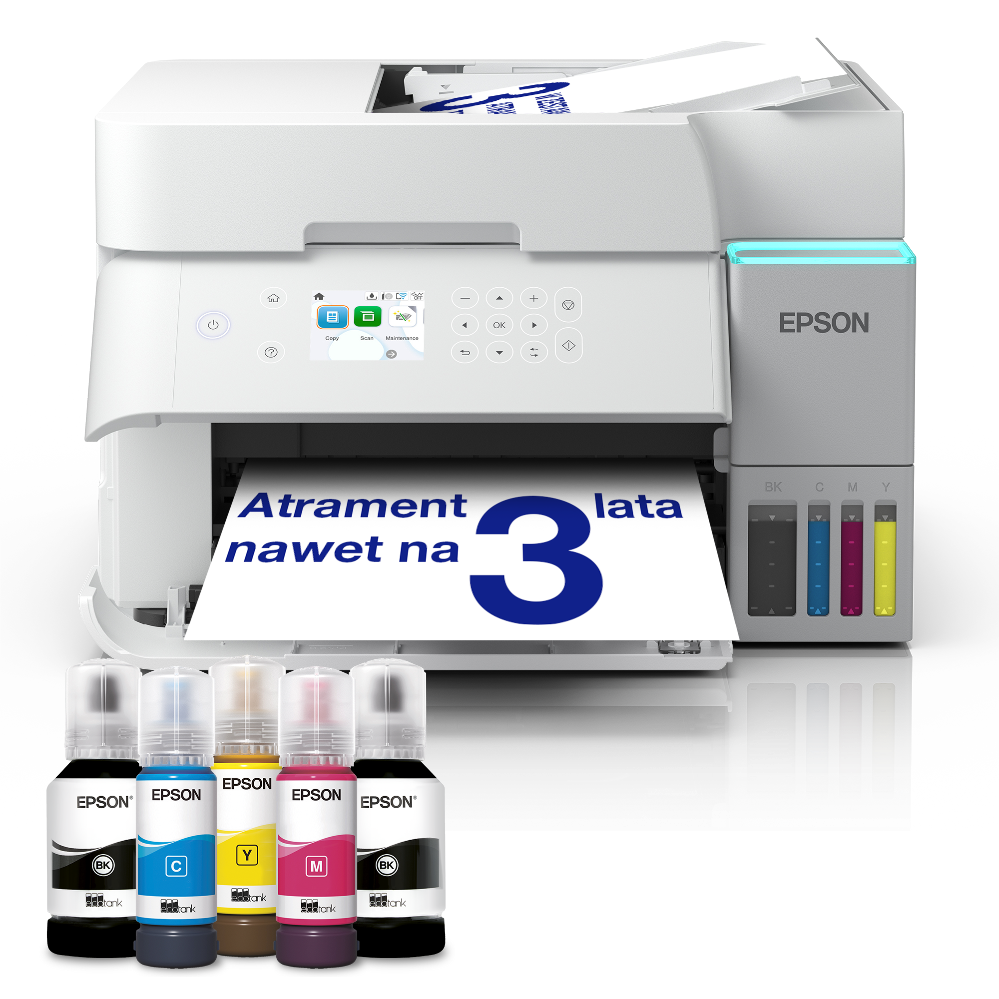 Biała drukarka Epson EcoTank z pięcioma butelkami z tuszem.