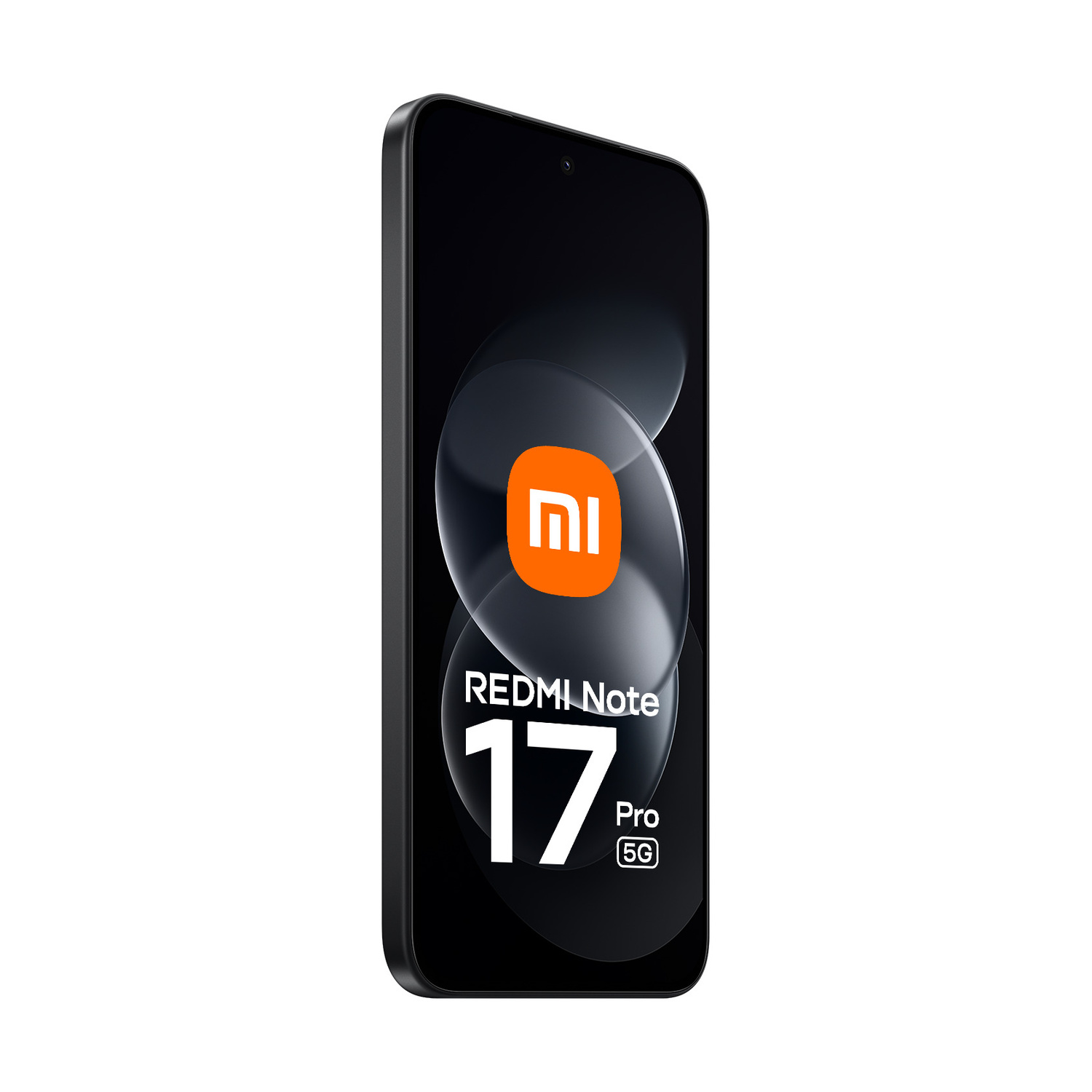 Uno smartphone nero Redmi Note 17 Pro 5G inclinato, che mostra un logo arancione Mi e testo bianco sullo schermo.