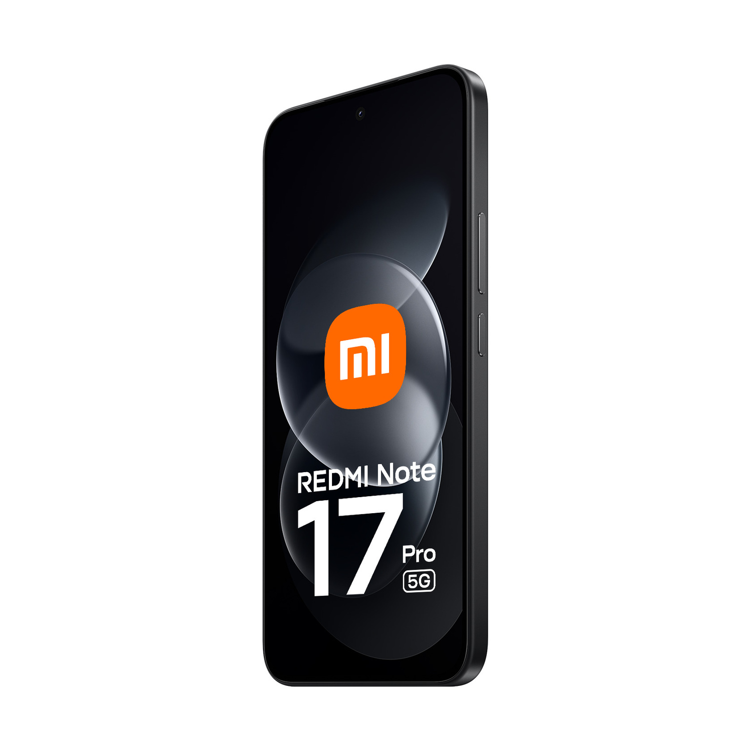 Smartphone nero Redmi Note 17 Pro 5G con logo arancione Mi sullo schermo.