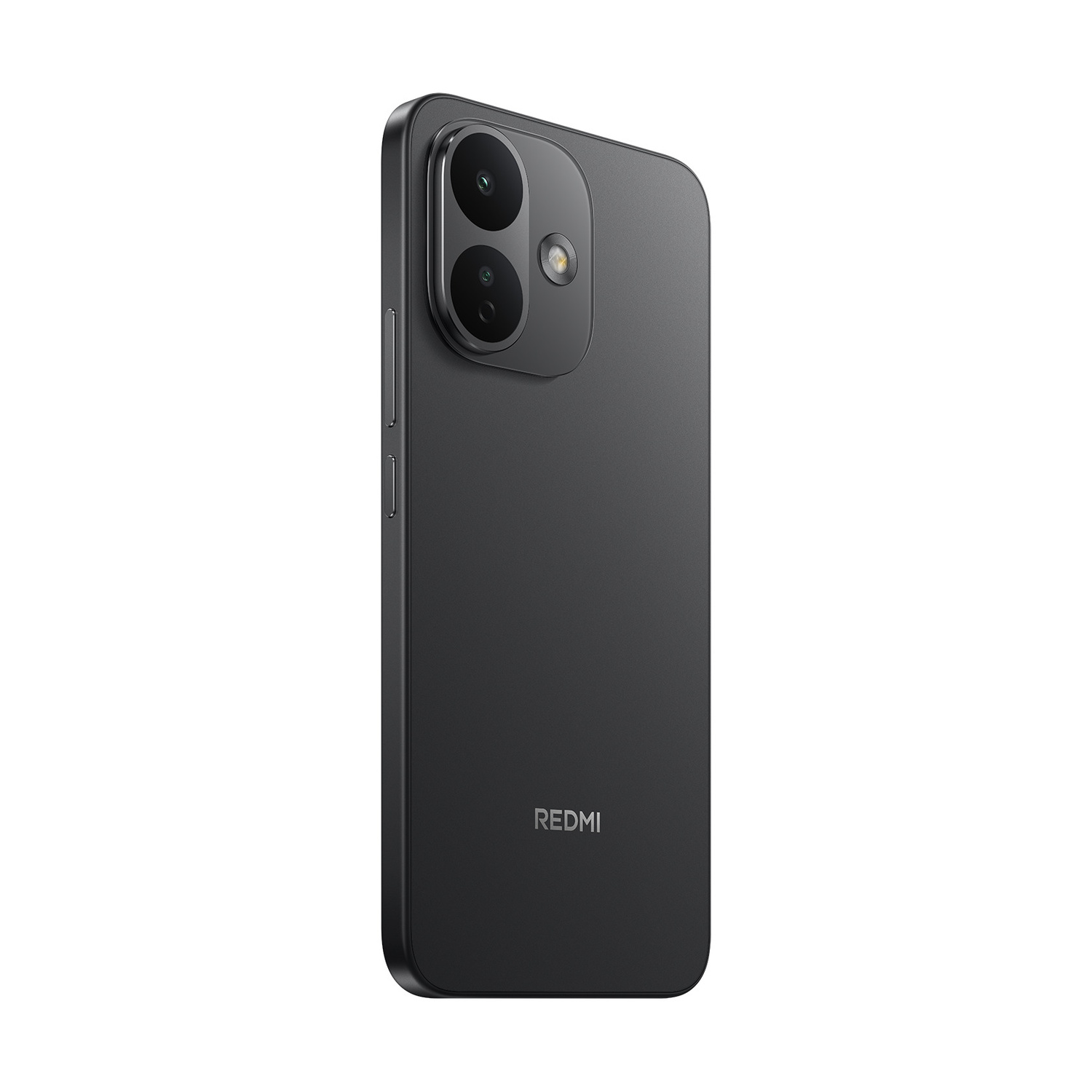 Retro di uno smartphone Redmi nero con due fotocamere verticali in alto a sinistra e il logo Redmi in basso.