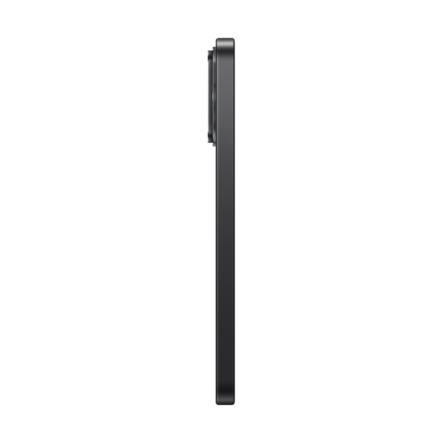Vista laterale di uno smartphone nero sottile con modulo fotocamera rettangolare su sfondo bianco.