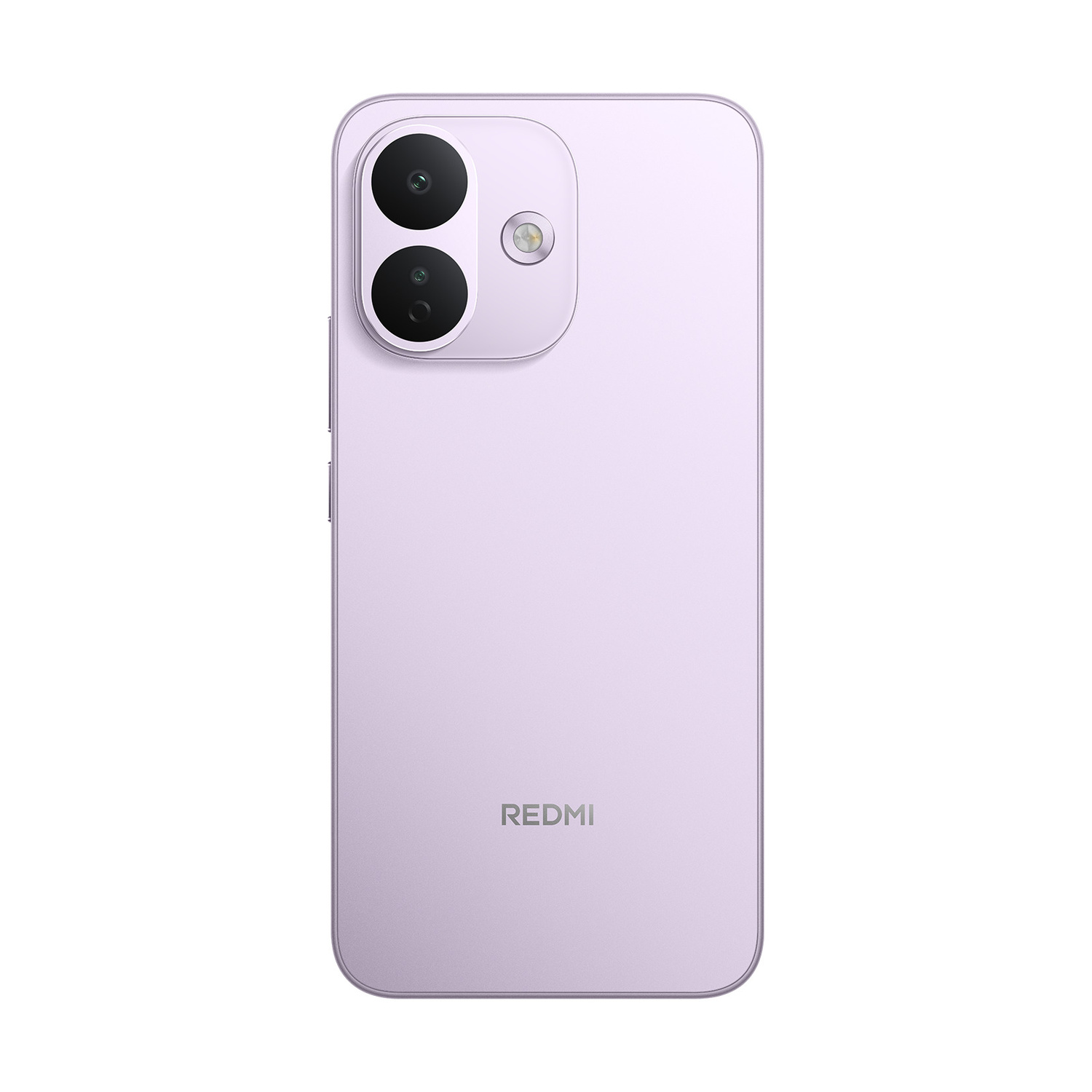 Retro di uno smartphone Redmi viola chiaro con due obiettivi fotografici verticali e un flash LED.