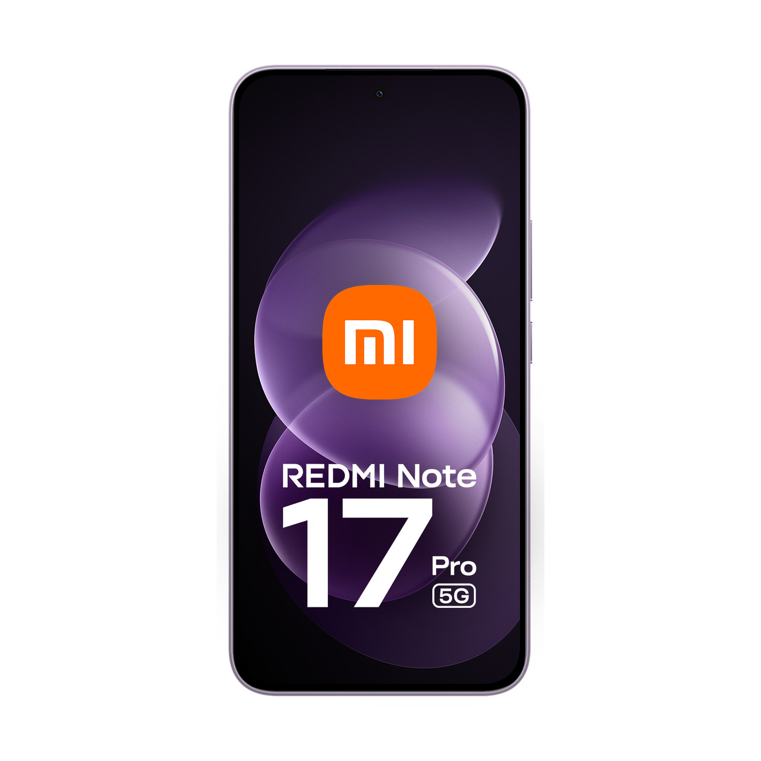 Uno smartphone Redmi Note 17 Pro 5G con sfondo viola e logo arancione Mi sullo schermo.