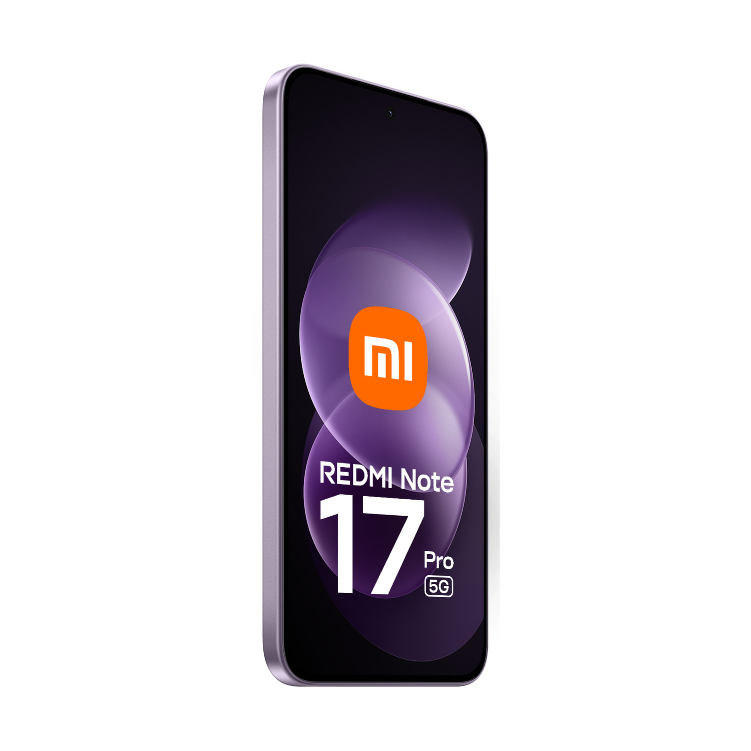 Uno smartphone viola Redmi Note 17 Pro 5G con logo arancione Xiaomi sullo schermo.