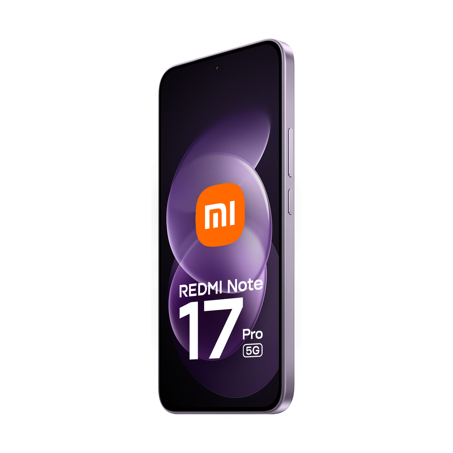 Uno smartphone viola Redmi Note 17 Pro 5G su sfondo bianco con logo Mi sullo schermo.
