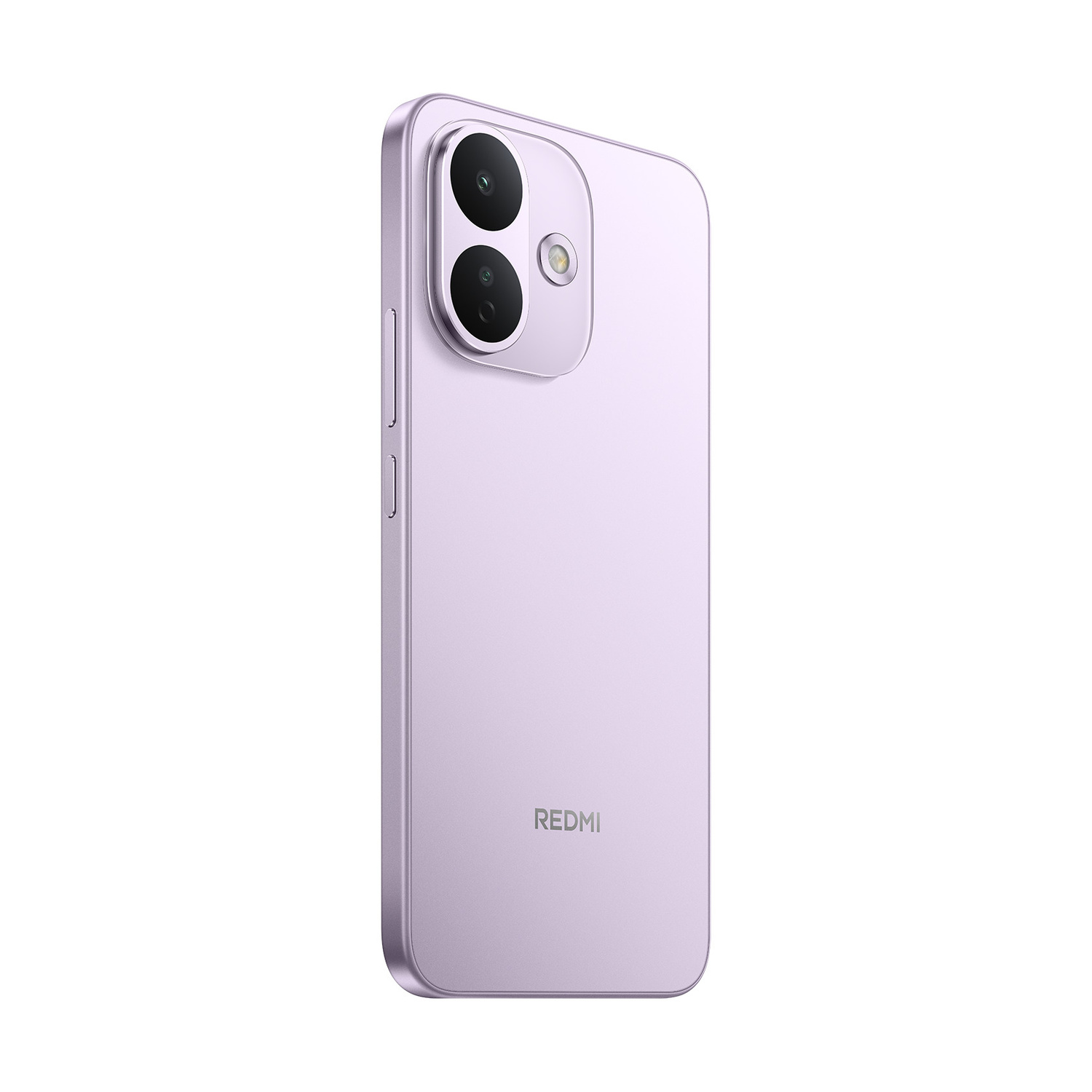Retro di uno smartphone Redmi viola chiaro con due fotocamere allineate verticalmente su sfondo bianco.