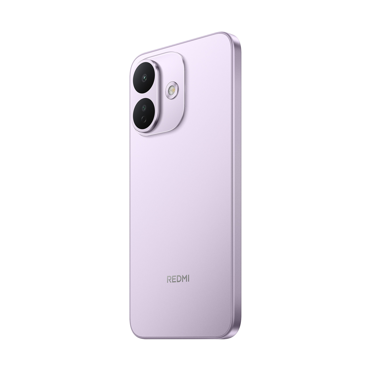 Uno smartphone Redmi viola chiaro visto da dietro, con modulo a doppia fotocamera e flash su sfondo bianco.