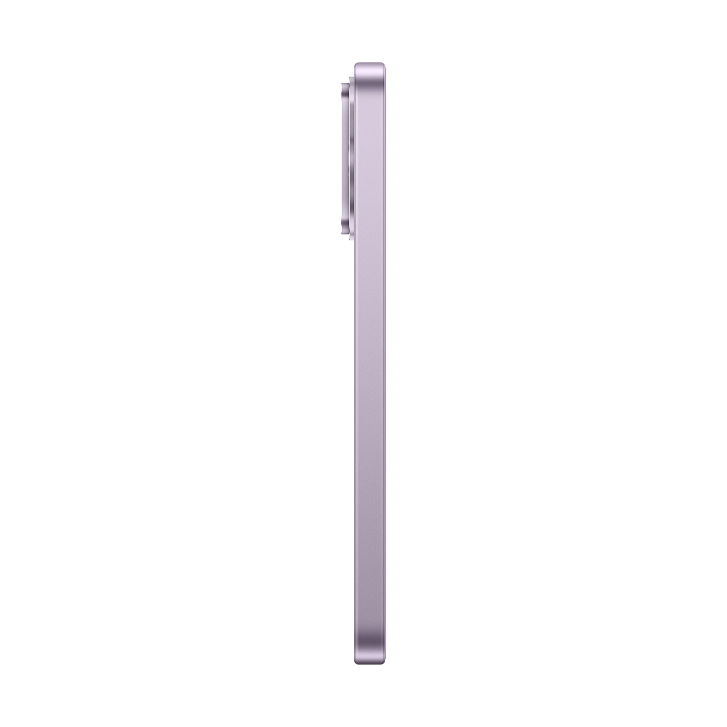 Vista laterale di uno smartphone sottile e viola con obiettivo della fotocamera.