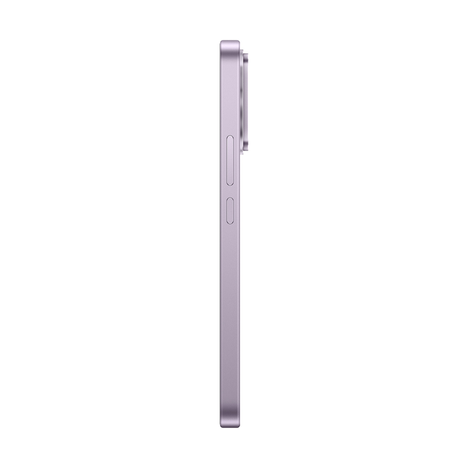 Vista laterale di uno smartphone viola con modulo fotocamera e tasti su sfondo bianco.