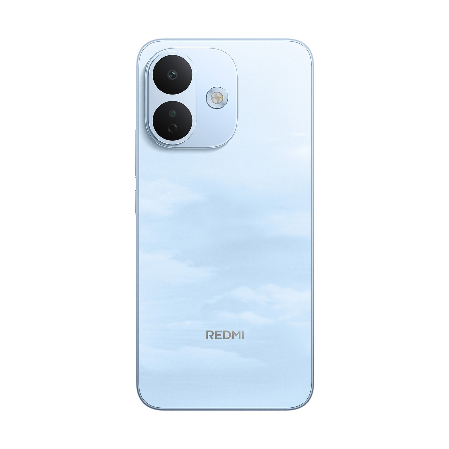 Retro dello smartphone Redmi azzurro con due fotocamere e un flash.