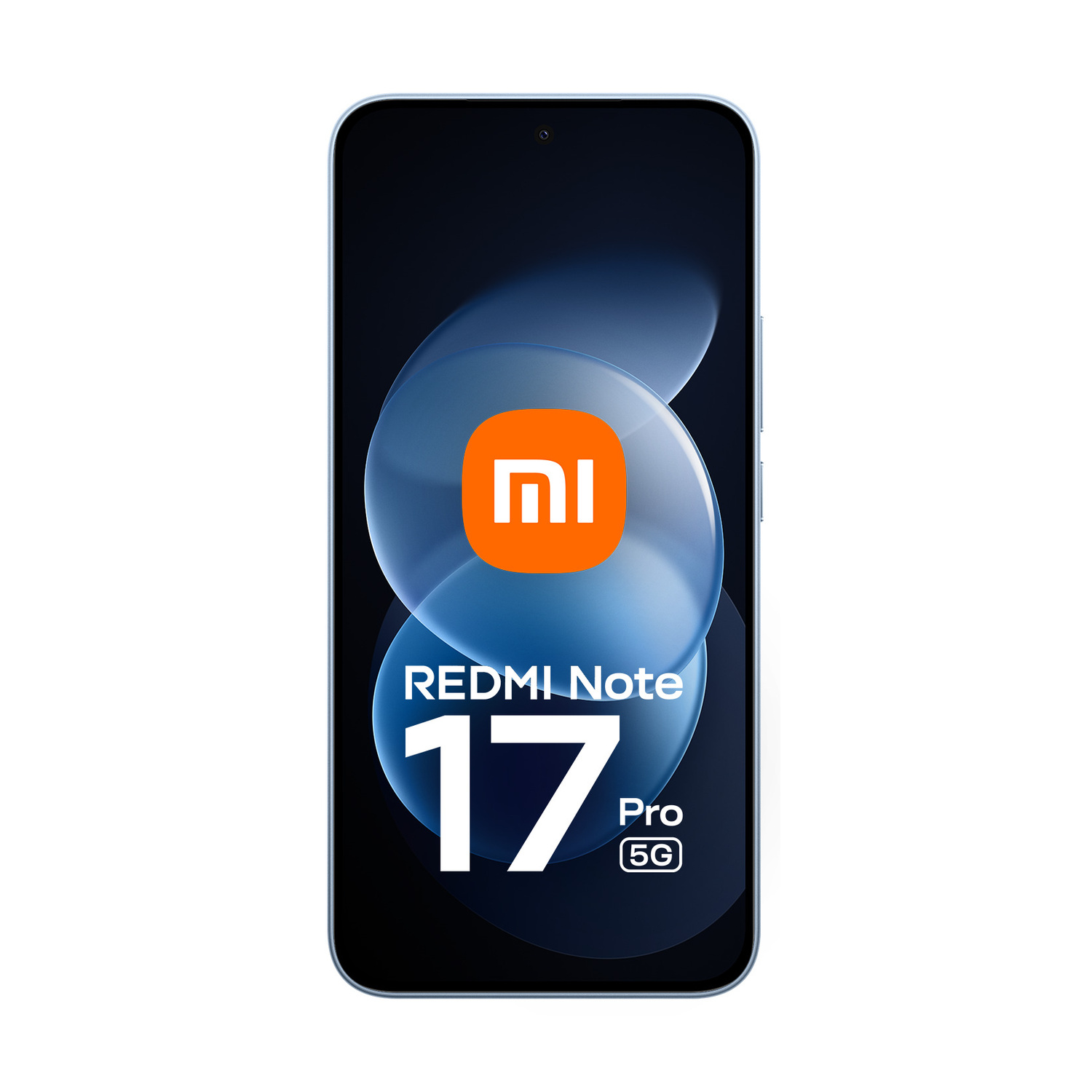 Vista frontale dello smartphone Redmi Note 17 Pro 5G con logo del marchio e grafica astratta blu.