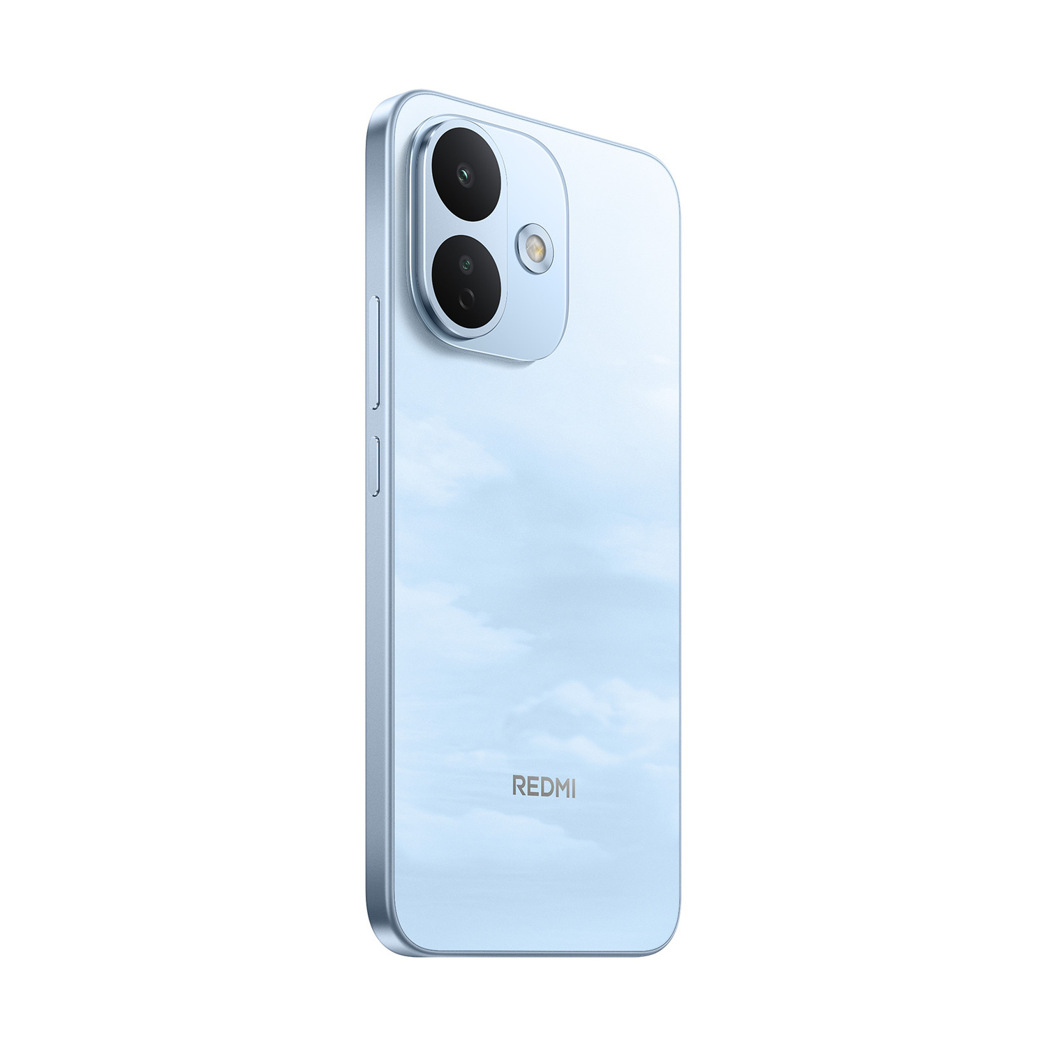 Vista posteriore di uno smartphone Redmi azzurro con due obiettivi verticali e logo.