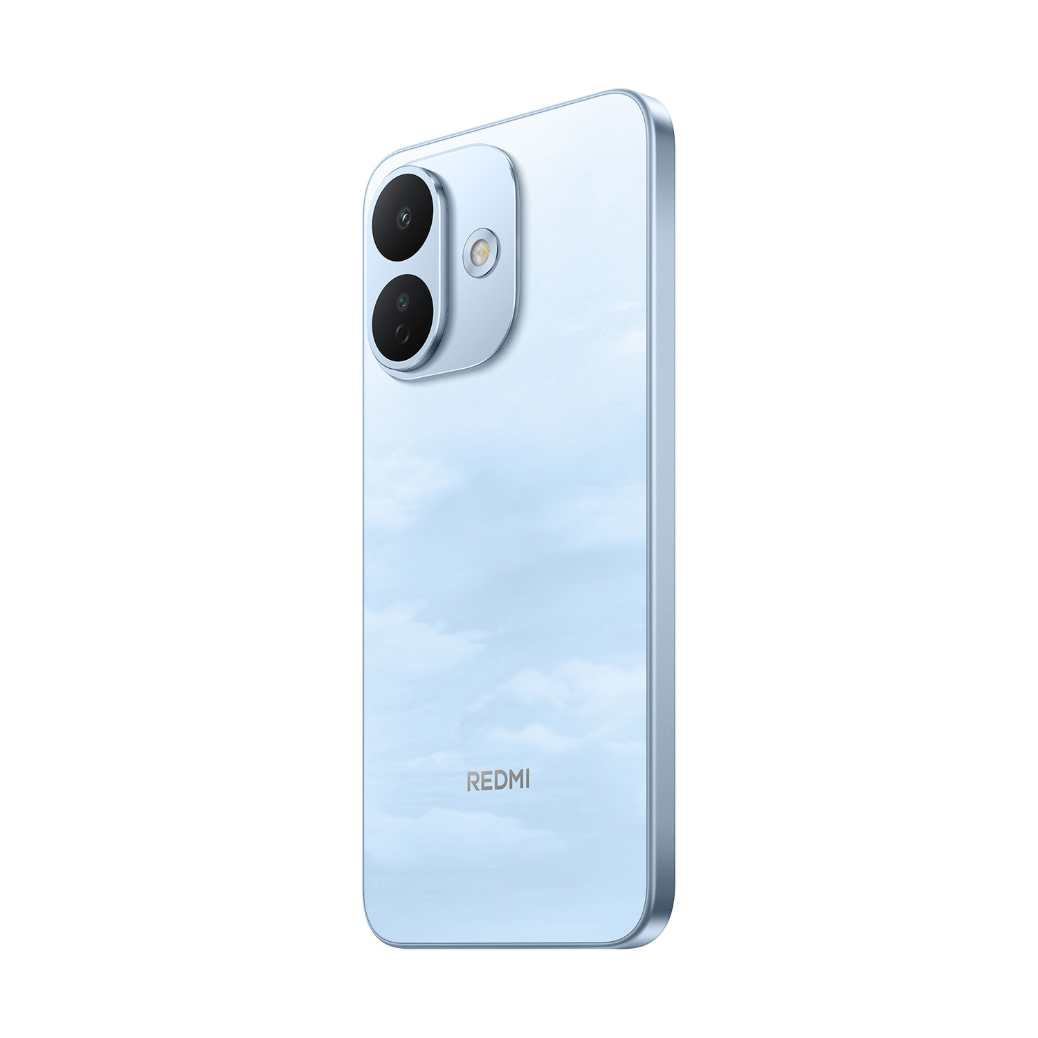 Vista posteriore di uno smartphone Redmi azzurro con due obiettivi fotografici e logo.