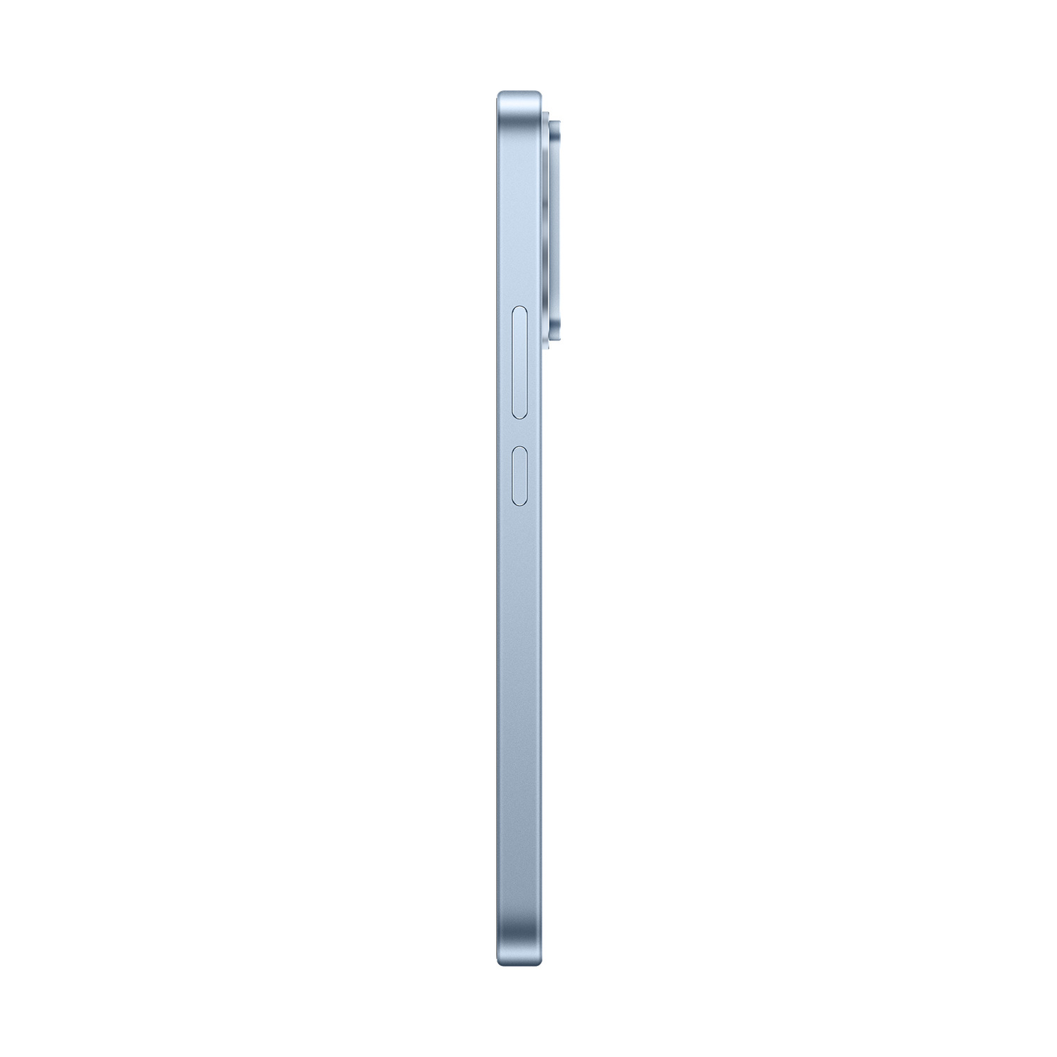 Vista laterale di uno smartphone azzurro con pulsanti e modulo fotocamera su sfondo bianco.