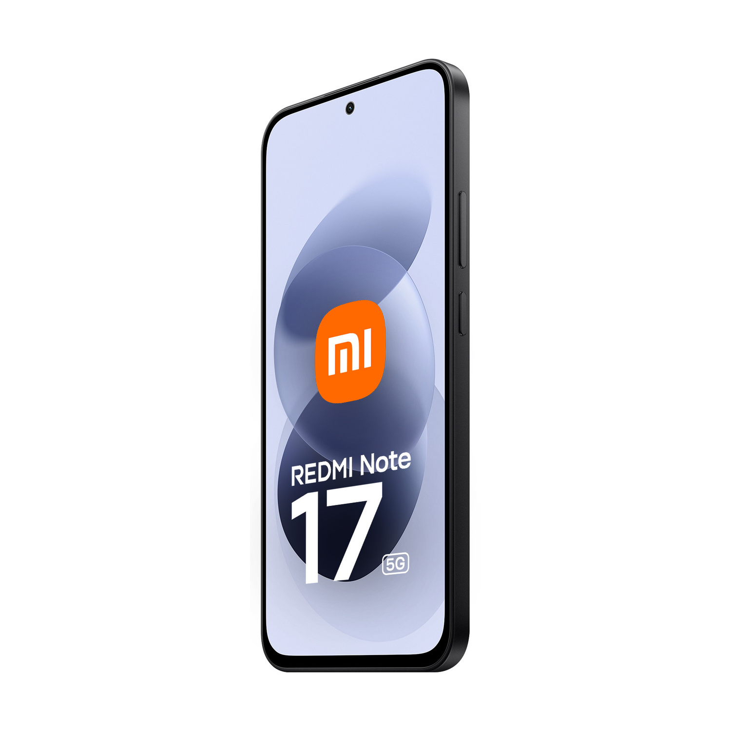 Uno smartphone nero Redmi Note 17 5G inclinato, che mostra lo schermo con il logo Xiaomi su sfondo bianco.