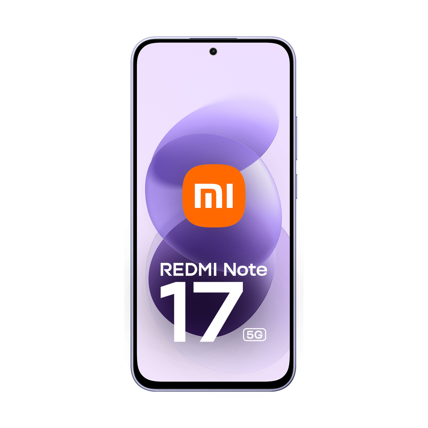 Vista frontale dello smartphone Redmi Note 17 5G con sfondo viola e logo arancione Xiaomi.
