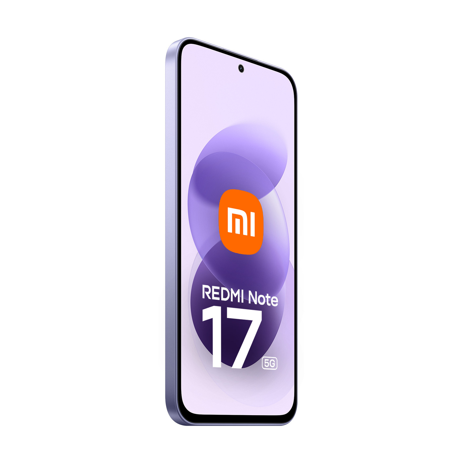 Uno smartphone viola Redmi Note 17 5G su sfondo bianco, con il logo arancione Xiaomi.